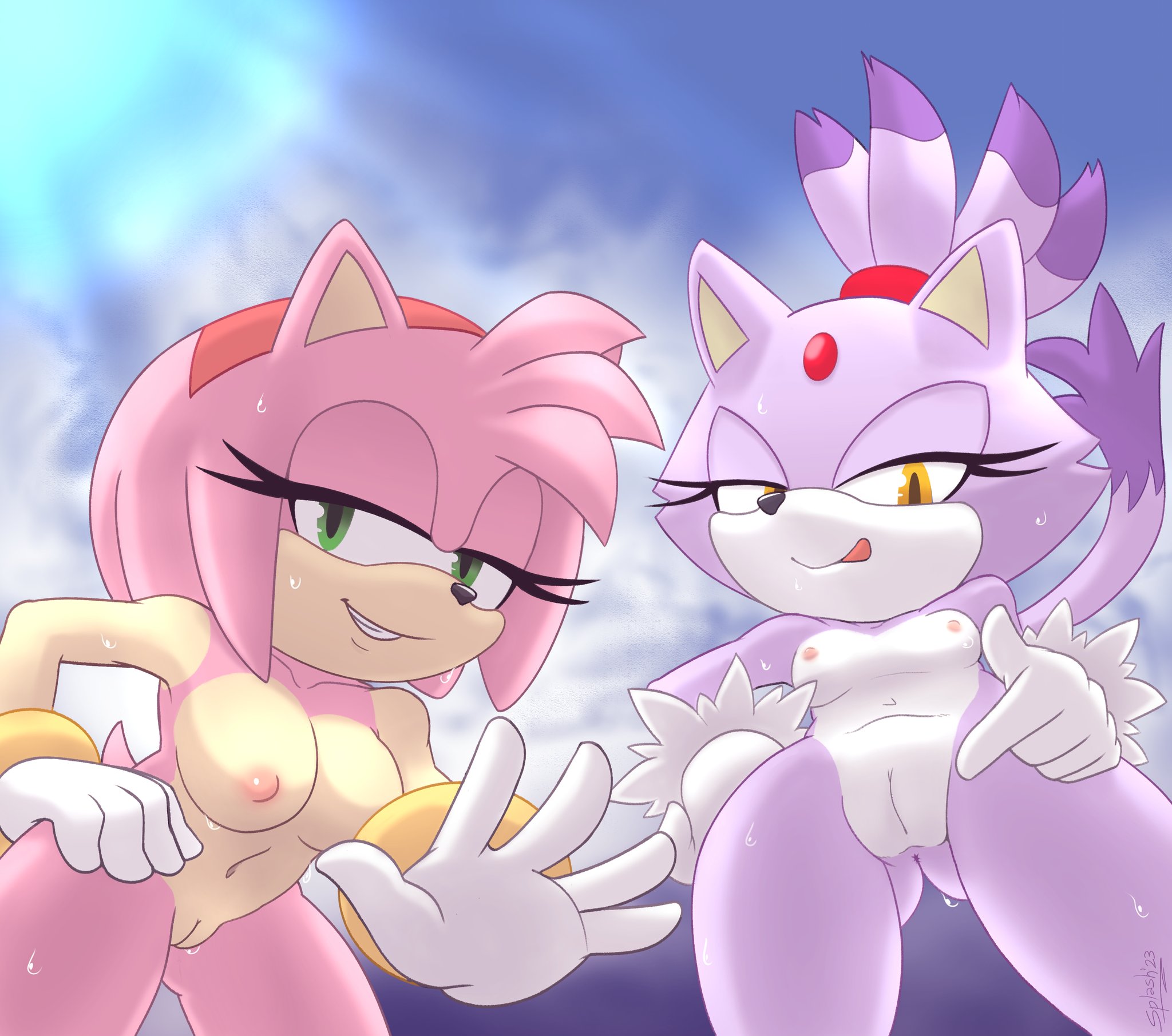 1440p, amy rose, anthro, blaze the cat, dominant female, duo, female, flat chest, gloves only, green eyes, half-closed eyes, hd, hi res, jpeg, licking lips, looking at viewer, low-angle view, mobian, mobian (species), mobian cat, mobian hedgehog, orange eyes, pink fur, pointing at pussy, purple fur, pussy, smile, sonic (series), sonic the hedgehog (series), thesplashmaster, wet