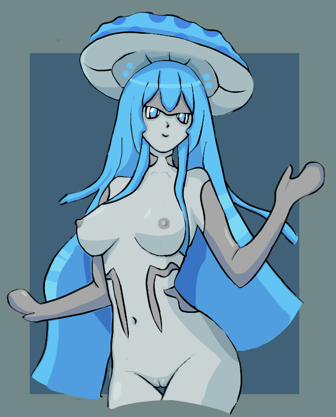 blue_background blue_eyes blue_hair breasts female long_hair looking_at_viewer mitten_hands monster_girl mushroom_girl mushroom_on_head naked nipples pale_skin pussy simple_background smile solo terraria truffle_(terraria) upper_body