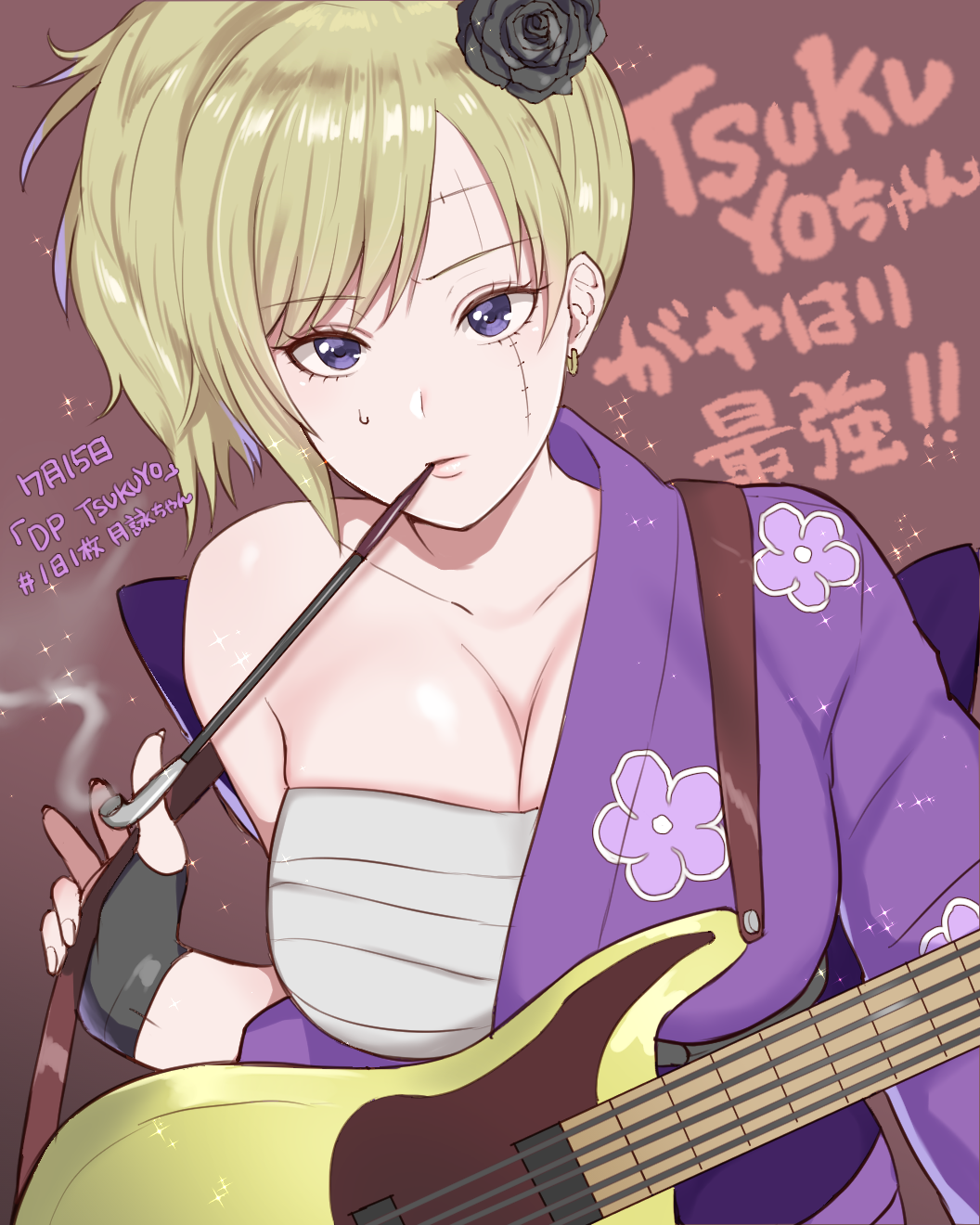 big_breasts black_gloves blonde_hair cleavage earrings facial_scar female female_only fingerless_gloves flower_in_hair fully_clothed gintama gloves guitar hadanugi_dousa kimono kiseru off_shoulder official_alternate_costume official_alternate_hairstyle otsuki38 pipe ponytail purple_eyes sarashi side_ponytail smoking smoking_pipe sweatdrop tsukuyo upper_body