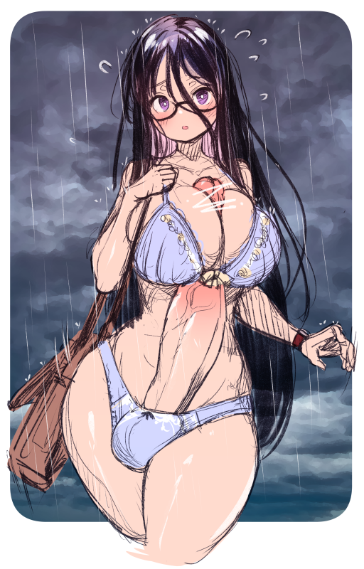 1futa autopaizuri balls balls_in_panties big_breasts big_hips big_penis bikini black_hair blush bow_bra bow_panties bra breasts bulge casual_autopaizuri cleavage clothed clothing erection futa_only futanari glasses huge_breasts huge_cock human light-skinned_futanari light_skin long_hair long_penis looking_at_viewer matching_underwear mostly_nude outside pale-skinned_futanari pale_skin panties penis purple_eyes rain raining solo standing swimsuit thick_thighs underwear underwear_only veiny_penis watch wet wide_hips yana_(nekoarashi)