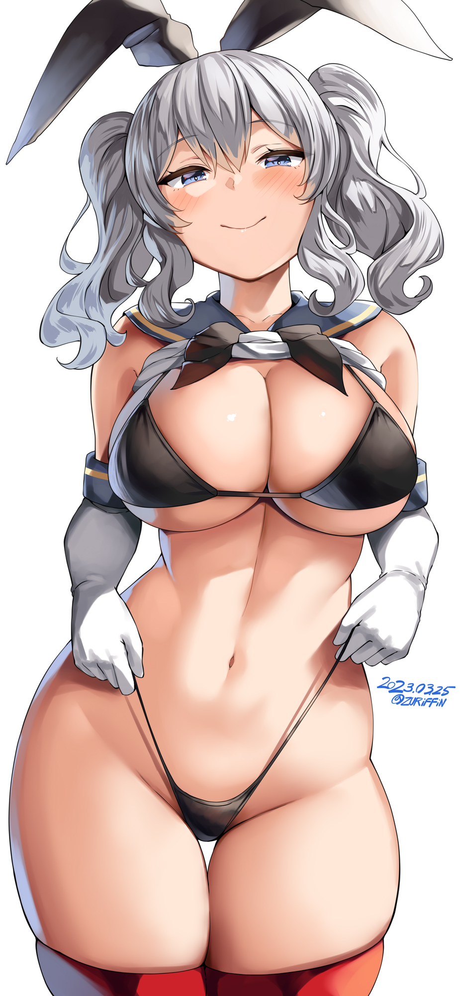 1girls, belko, bikini, blue eyes, breasts, bunny ears, female, huge breasts, kantai collection, kashima (kantai collection), light skin, light-skinned female, long hair, naughty face, smile, thong, twintails, white hair