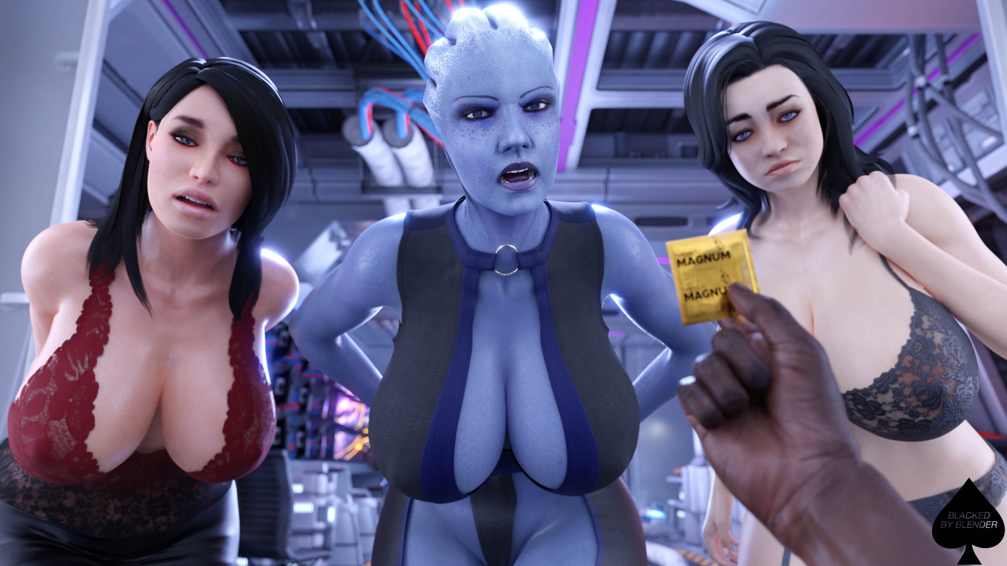 1boy, 3d, 3d (artwork), 3girls, alien, alien girl, alien humanoid, angry, asari, ashley williams, athletic, athletic female, big breasts, bioware, blackedblender, blender (software), blue body, blue skin, blue-skinned female, breasts, busty, condom, curvaceous, curvy, curvy figure, dark skin, dark-skinned male, digital media (artwork), female, fit, fit female, hourglass figure, huge breasts, human, humanoid, large breasts, legs, liara t'soni, light skin, light-skinned female, lips, magnum condom, male, male pov, mass effect, mass effect 2, mass effect 3, miranda lawson, pov, sad, tentacle hair, thick, thick hips, thick legs, thick thighs, thighs, top heavy, voluptuous, waist, wide hips, xxl condom