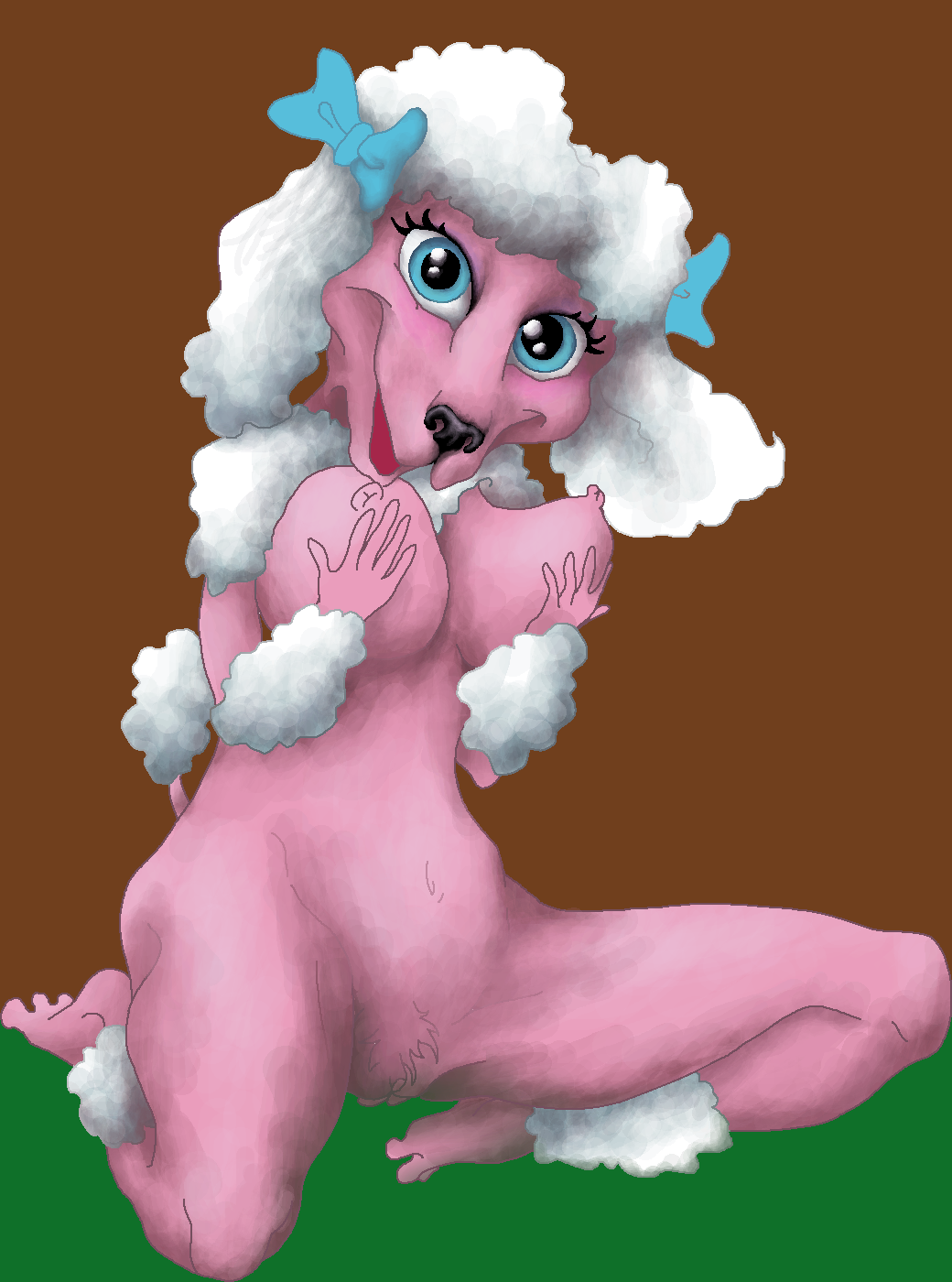 anthro blue_bow blue_eyes canine crouching curly_hair grabbing_own_breast jasmine pink_body poodle solo_female white_hair