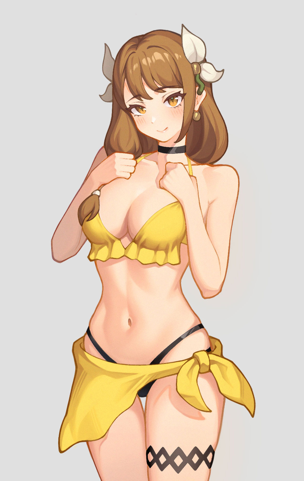 1girls, alternate costume, bangs, bare arms, bare shoulders, bikini, blush, breasts, brown eyes, brown hair, cleavage, commentary, cowboy shot, female, female only, fire emblem, fire emblem engage, goldmary (fire emblem), grey background, hair ribbon, hands on own chest, highres, large breasts, long hair, looking at viewer, navel, nintendo, ribbon, sarong, simple background, smile, solo, standing, stomach, swimsuit, thighs, white ribbon, yellow bikini, yellow swimsuit, yycaihuahua
