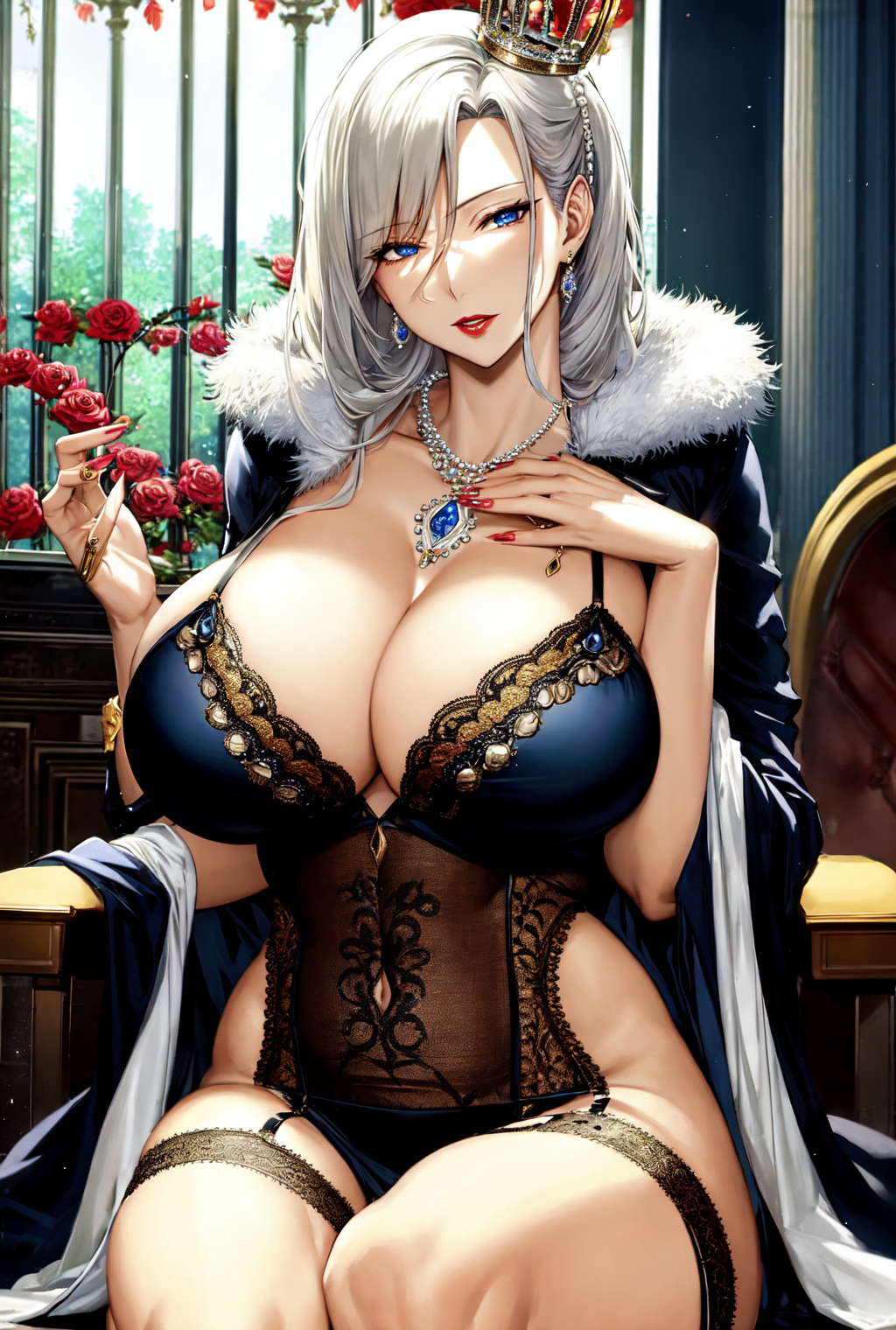 1girls ai_generated crown curvaceous curvy_body curvy_figure female female_focus golden_crown highres lingerie long_hair milf stable_diffusion voluptuous_female white_hair