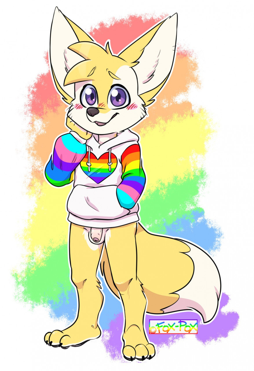 alternate_pride_colors alternate_rainbow_pride_colors anthro barefoot black_nose blush bottomless canid canine claws clothed clothing detailed_background feet fennec foreskin fox fur genitals heart hi_res hoodie lgbt_pride male male_only mammal open_mouth orange_body orange_fur penis purple_eyes rainbow+background rainbow_hoodie six-stripe_rainbow_pride_colors smile solo tan_body tan_fur tongue_showing topwear white_clothing white_hoodie white_topwear ziggy_fox