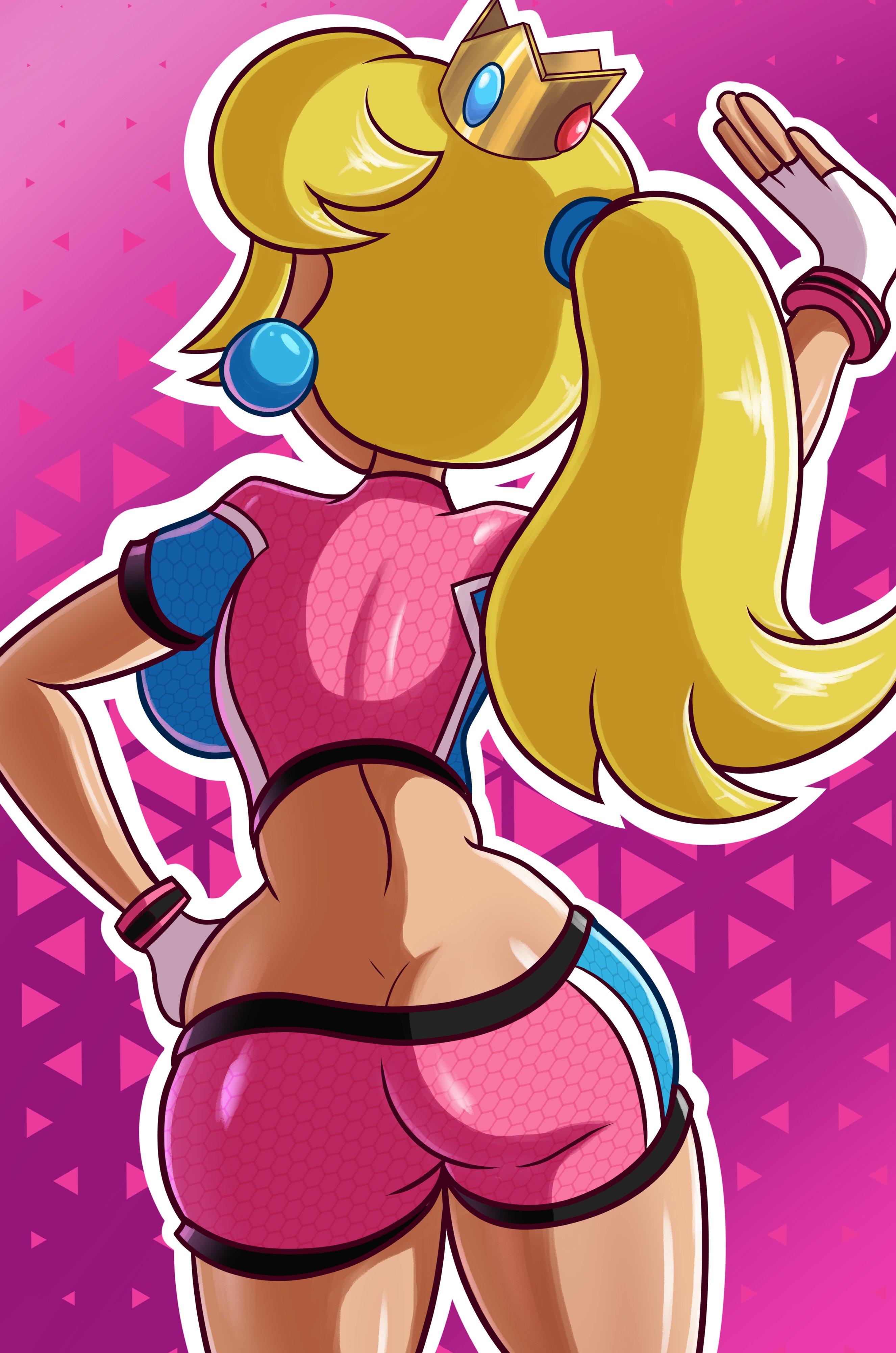 1girls, artist request, ass, ass cleavage, ass crack, backboob, big ass, big breasts, blonde hair, breasts, busty, butt crack, female, female only, fingerless gloves, football uniform, from behind, gloves, hand on hip, highres, large breasts, legs, mario (series), mario strikers, mario strikers peach back view redraw (meme), midriff, nintendo, pink shorts, ponytail, princess, princess peach, short shorts, shorts, solo, sportswear, thick thighs, thighs, voluptuous