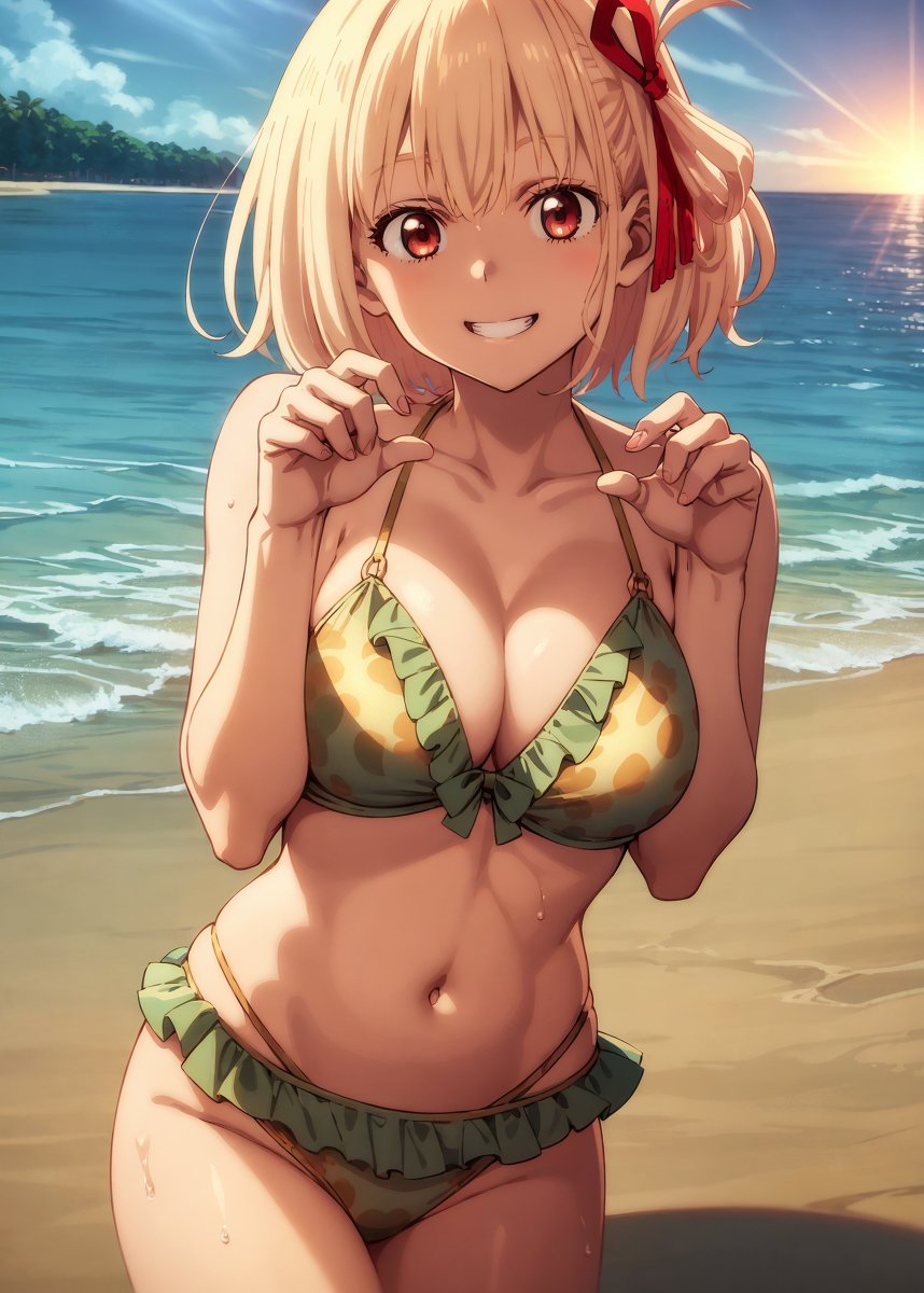 1girls, ai generated, beach, belly, bikini, blonde hair, breasts, cleavage, female, large breasts, looking at viewer, lycoris recoil, nai diffusion, nishikigi chisato, red eyes, short hair, smile, stable diffusion, swimwear