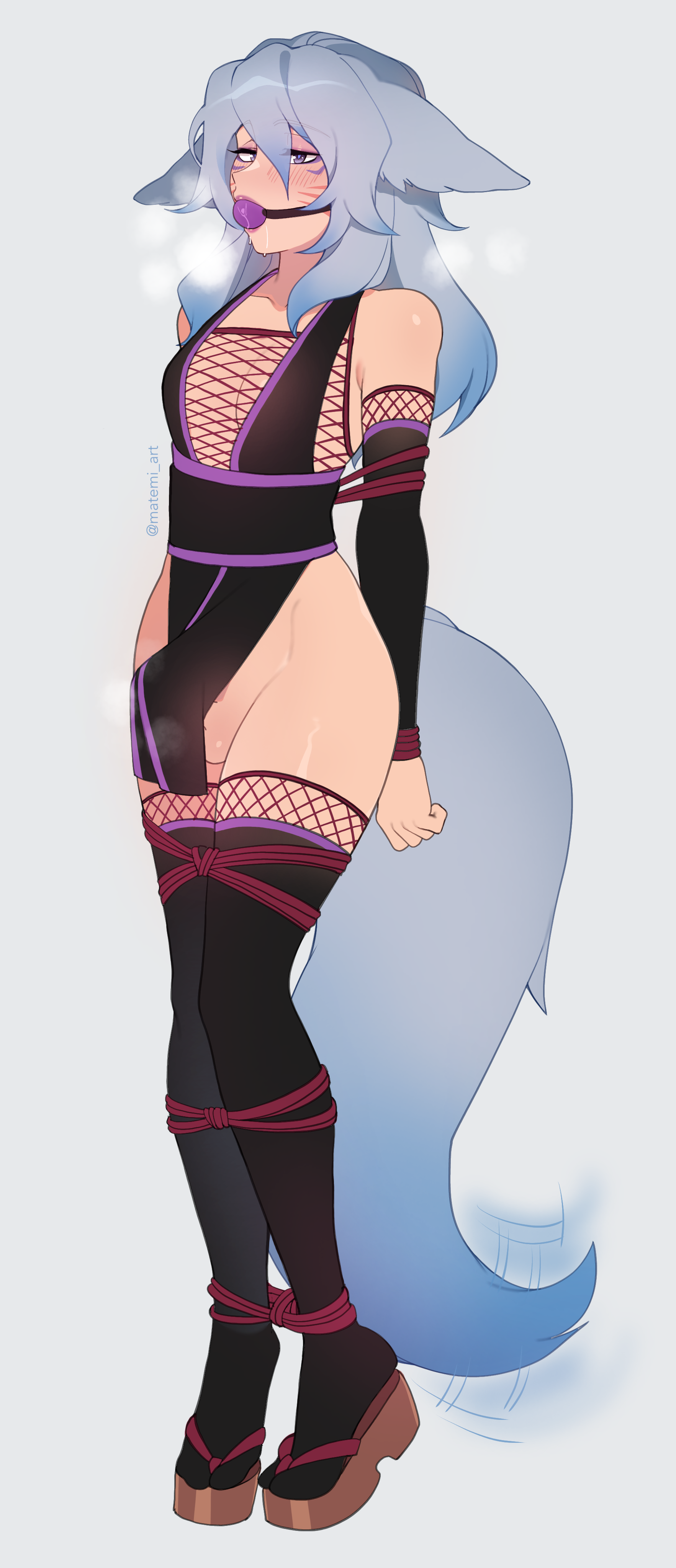 1boy, ball gag, blue eyes, bondage, breasts, commission, crossdressing, crossdressing male, ears down, facial markings, femboy, fishnet, fox, fox boy, fox ears, fox tail, grey hair, heavy breathing, horny, kunoichi, kuromaru (original character), male, male only, matemi, penis, shibari over clothes, small breasts, small penis, tagme, trap, wagging tail