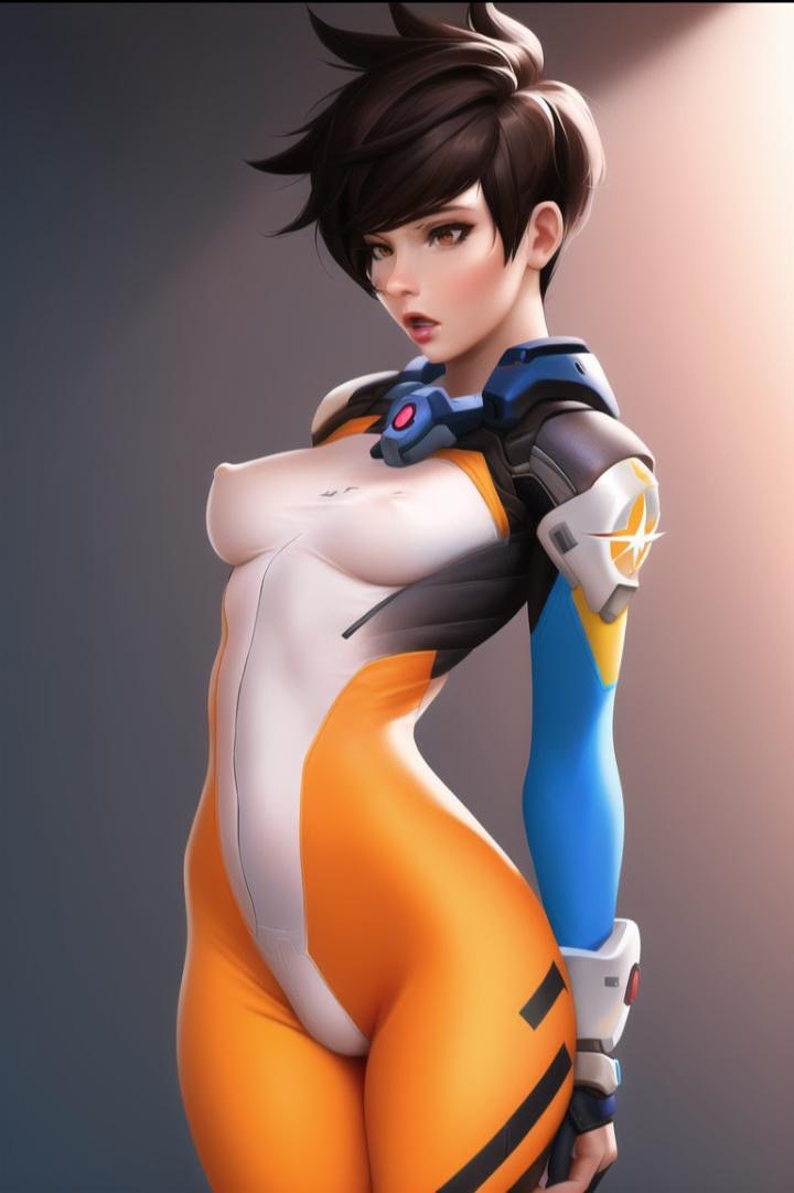 1girls, 2d, ai generated, armor, blizzard entertainment, breasts, brown hair, clothed, clothing, digital drawing (artwork), digital media (artwork), erect nipples, female, female focus, female only, jumpsuit, latex, legwear, lena oxton, light, light skin, light-skinned female, medium breasts, nipples, nipples visible through clothing, no bra, overwatch, overwatch 2, pose, posing, presenting, see-through, see-through clothing, simple background, solo, solo female, solo focus, standing, suit, thick thighs, tight clothes, tight clothing, tight fit, tracer, unknown artist