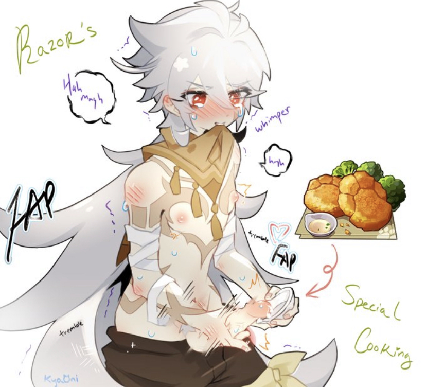 1boy, bandage, clothed, cum, food, genshin impact, male, male only, masturbation, onomatopoeia, penis, razor (genshin impact), red eyes, solo, solo male, tagme, white hair
