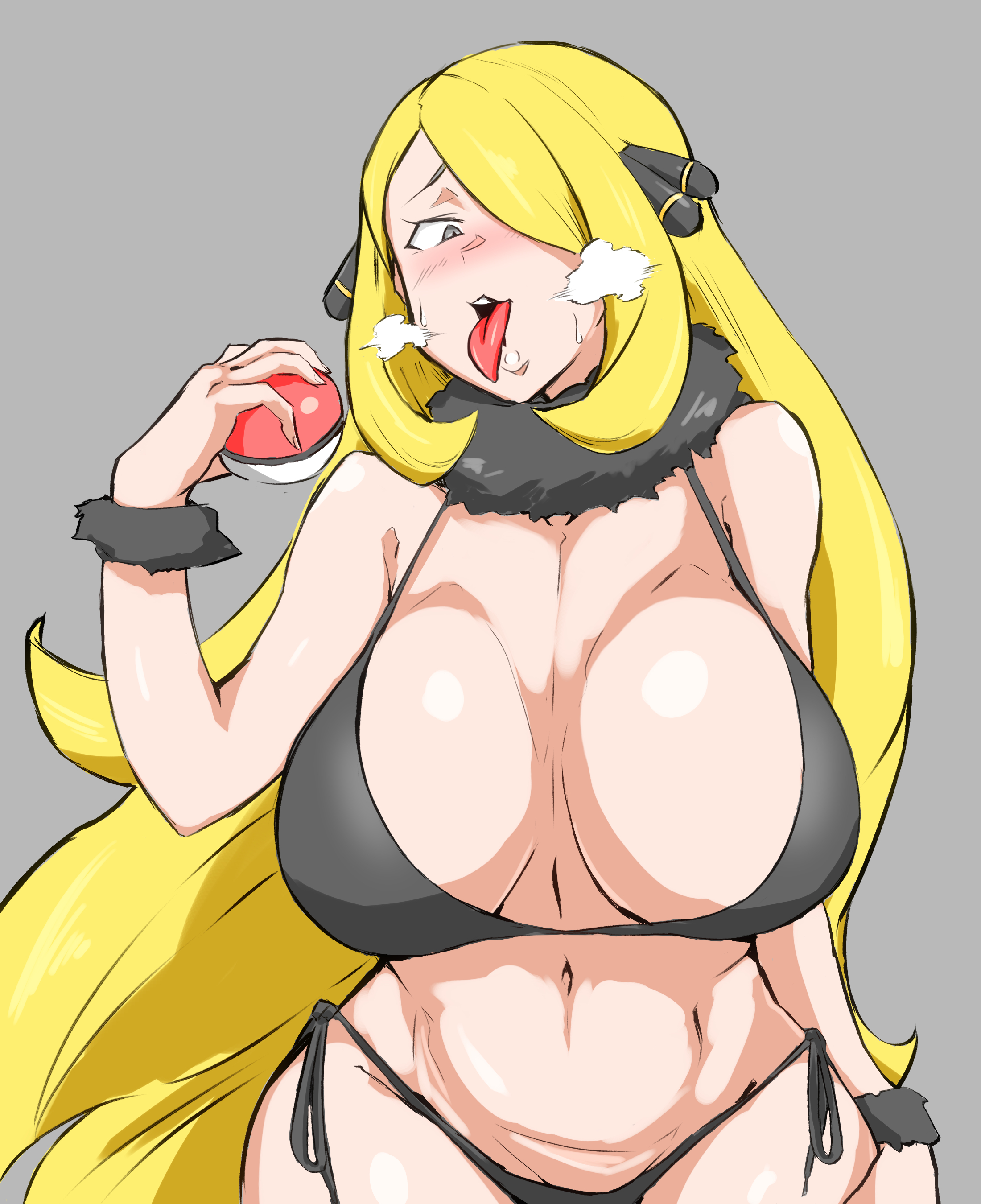 1girls, alternate breast size, big breasts, blonde hair, breasts, busty, curvaceous, curvy, curvy body, curvy female, curvy figure, cynthia (pokemon), female, game freak, huge breasts, large breasts, naughty face, naughty smile, nintendo, pokeball, pokemon, pokemon (game), pokemon dppt, tongue, tongue out, voluptuous, wide hips, yuujiro