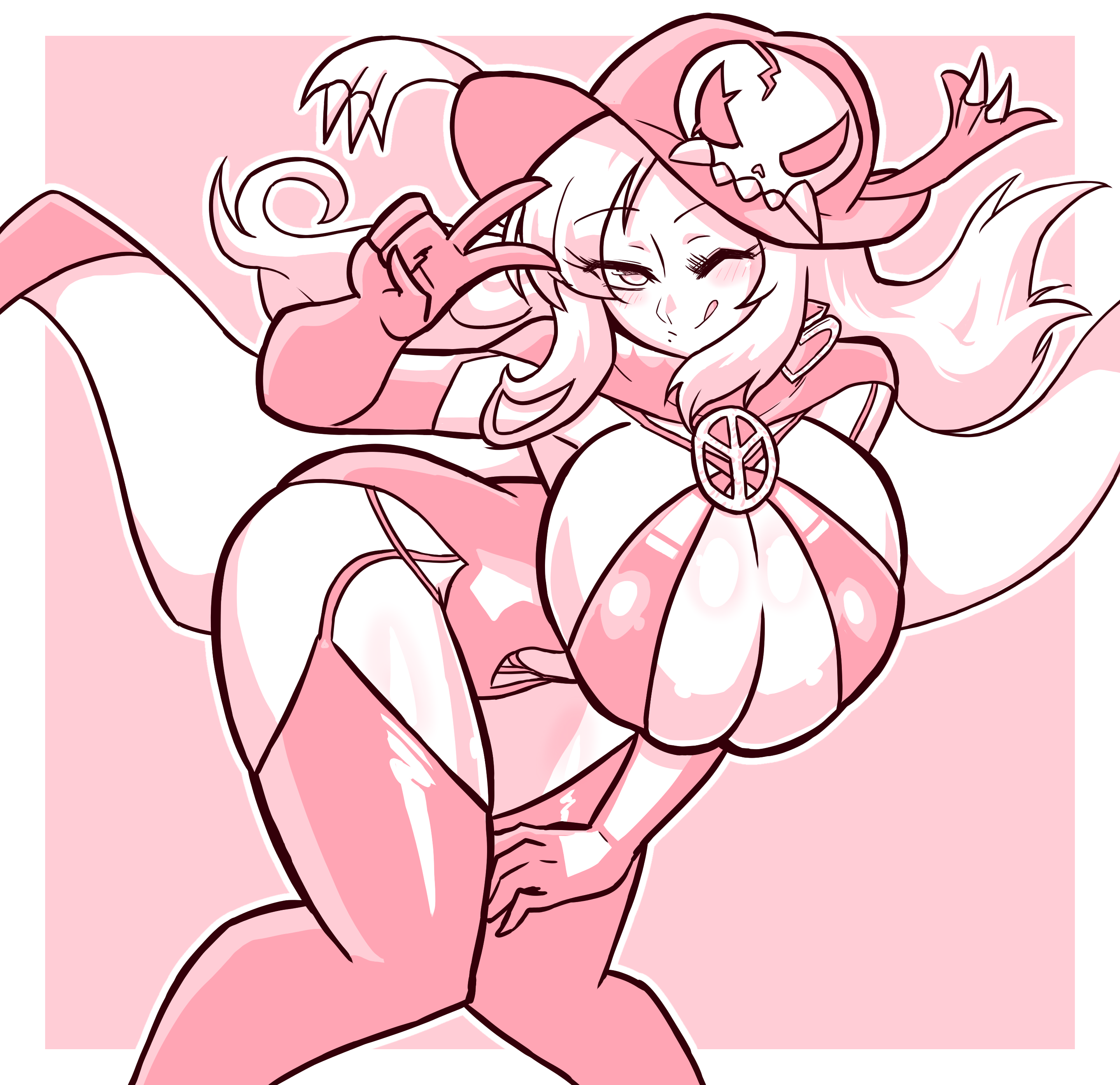 big breasts, blonde hair, breasts, cleavage, closed eye, female, goth girl, gyaru, hat, high heels, long hair, mole under mouth, pink background, senran kagura, shiki (senran kagura), sketch, thighs, vkid, wink