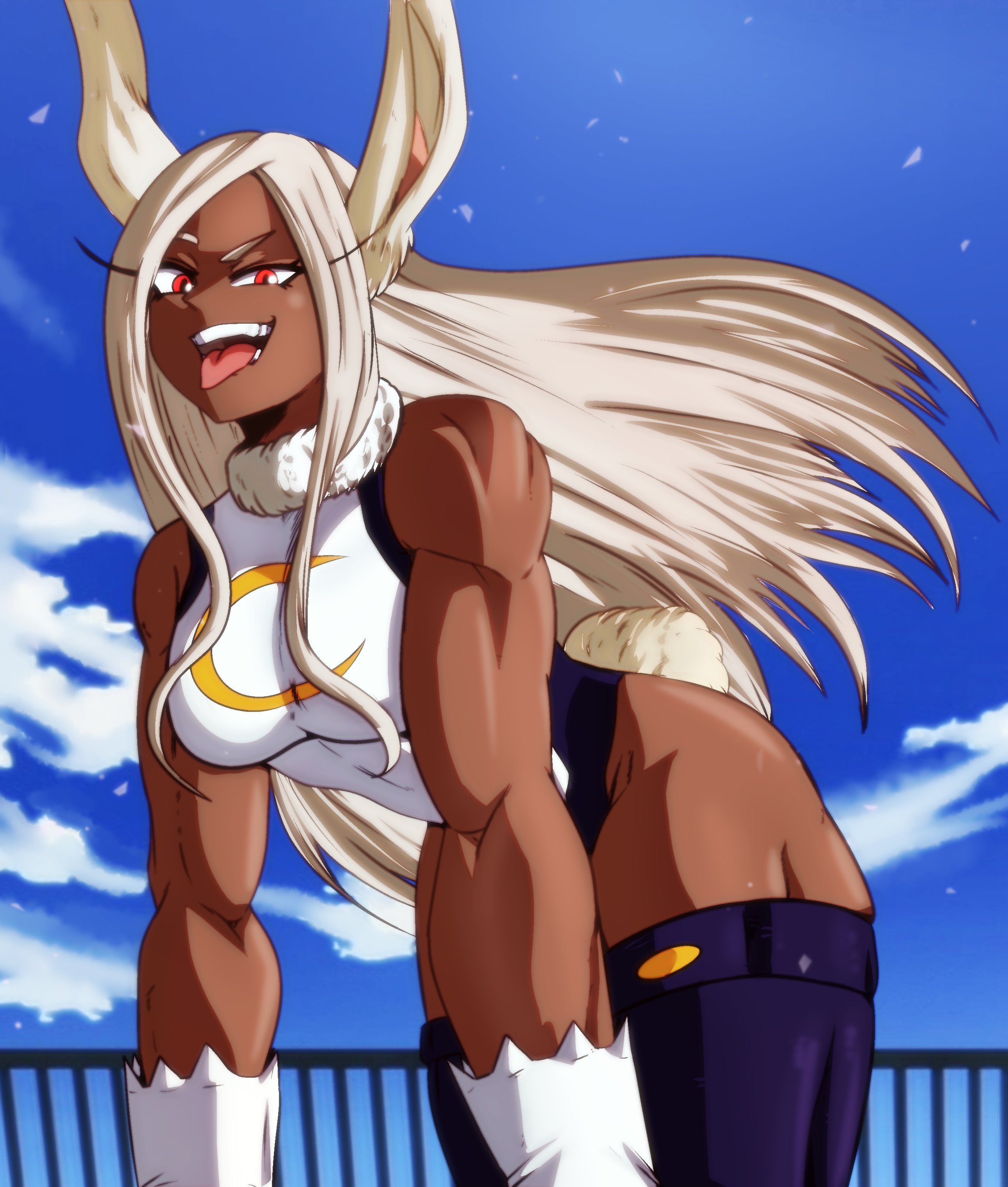 1girls, animal ears, bunny ears, dark skin, dark-skinned female, decial10, eyelashes, female, female only, gloves, leotard, long hair, looking at viewer, miruko, muscular, muscular female, my hero academia, open mouth, pose, red eyes, rumi usagiyama, smile, smug, solo, teasing, thick thighs, thighhighs, tongue, tongue out, white hair