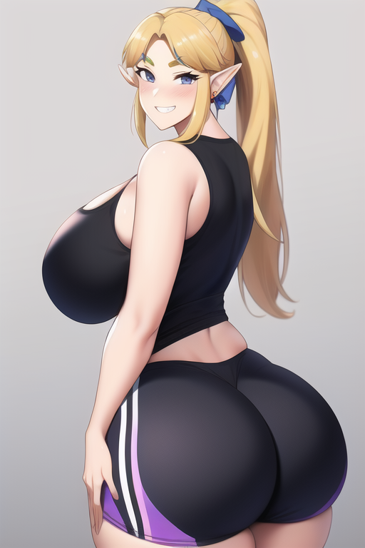 ai generated, ass, ass focus, black tank top, blonde hair, breasts, curvy, curvy figure, elf, female, fit, fit female, gigantic ass, green eyes, gym shorts, gym uniform, huge ass, huge breasts, hylian, long hair, looking at viewer, nai diffusion, nintendo, ponytail, princess zelda, seductive smile, stable diffusion, the legend of zelda, thick ass, thick thighs, voluptuous, wide hips