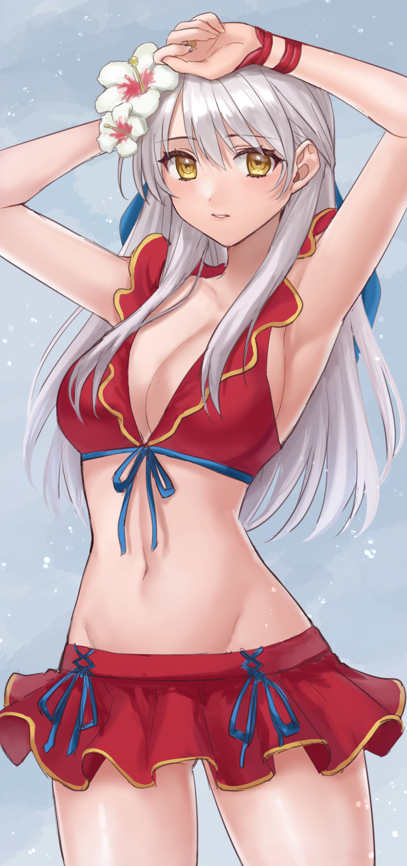 1girls alternate_costume armpits arms_up bare_arms bare_shoulders bikini bikini_skirt breasts cleavage commentary_request cowboy_shot female female_only fire_emblem fire_emblem:_radiant_dawn fire_emblem_heroes flower frilled_bikini frills grey_background groin hair_between_eyes hair_flower hair_ornament hair_ribbon hazuki_(nyorosuke) hibiscus highres large_breasts long_hair looking_at_viewer medium_breasts micaiah_(fire_emblem) micaiah_(summer)_(fire_emblem) miniskirt navel nintendo official_alternate_costume partial_commentary red_bikini red_swimsuit ribbon skirt solo standing stomach swimsuit thighs very_long_hair white_flower white_hair yellow_eyes