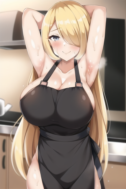 1girls, ai generated, apron, apron only, armpits, blonde hair, breasts, cleavage, cynthia (pokemon), female, hair over one eye, huge breasts, indoors, large breasts, light skin, light-skinned female, long hair, nai diffusion, naked apron, nintendo, pokemon, pokemon dppt, smile, stable diffusion, thick thighs