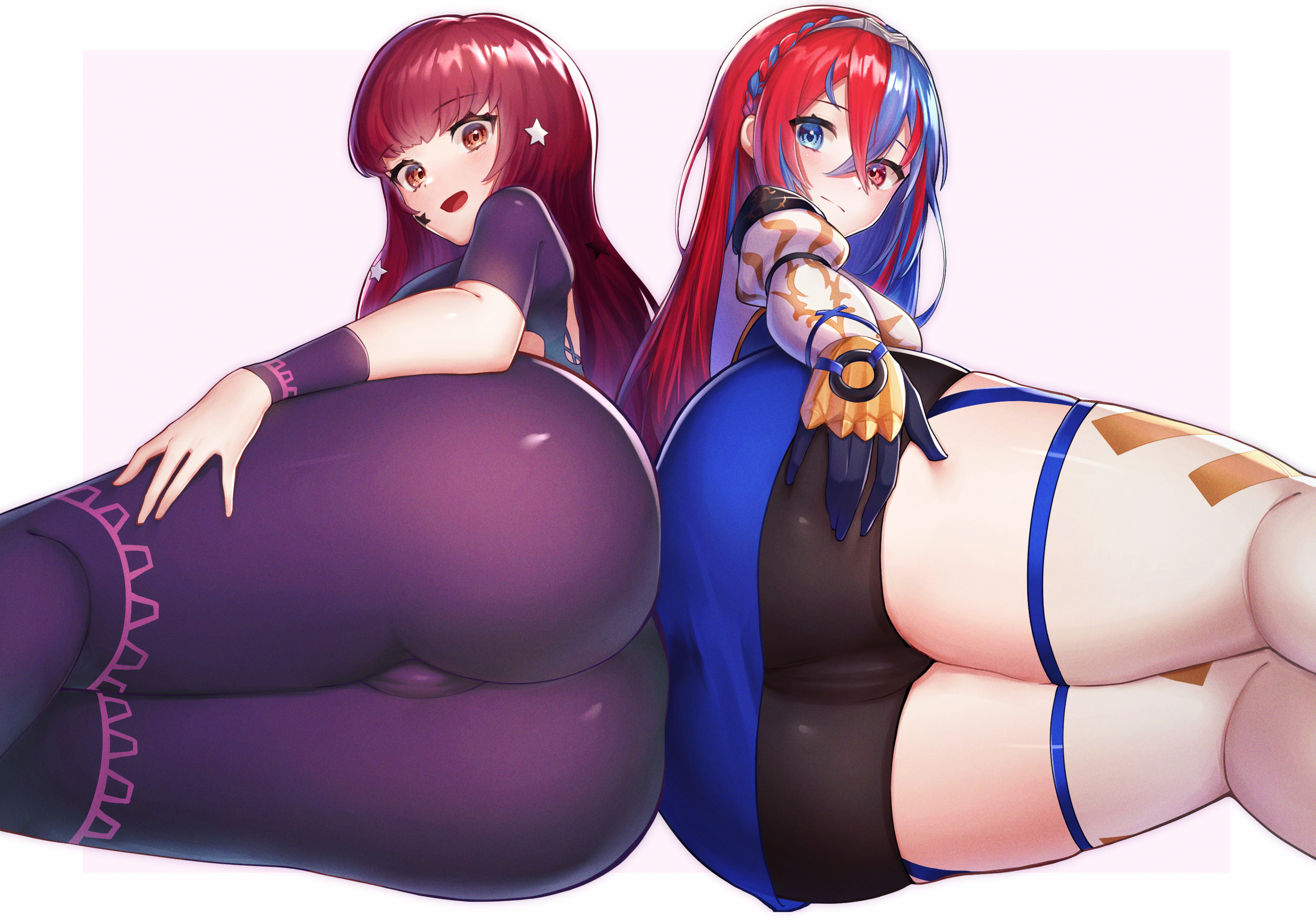 2girls, alear (fire emblem), alear (fire emblem) (female), ass, ass focus, ass to ass, ass-to-ass, azukigyunyu555, bangs, bare thighs, blue eyes, blue hair, bodysuit, braid, breasts, cameltoe, crossed bangs, crown braid, enjt5228, facial mark, facial tattoo, female, female only, fire emblem, fire emblem engage, garter straps, gloves, hair between eyes, hair ornament, heterochromia, highres, huge ass, large ass, long hair, looking at viewer, looking back, medium breasts, multicolored hair, multiple females, multiple girls, nintendo, on side, open mouth, orange eyes, partially visible vulva, pussy, red eyes, red hair, shorts, smile, split-color hair, star (symbol), star hair ornament, tattoo, thick thighs, thighhighs, thighs, tiara, two-tone hair, very long hair, white background, yunaka (fire emblem)