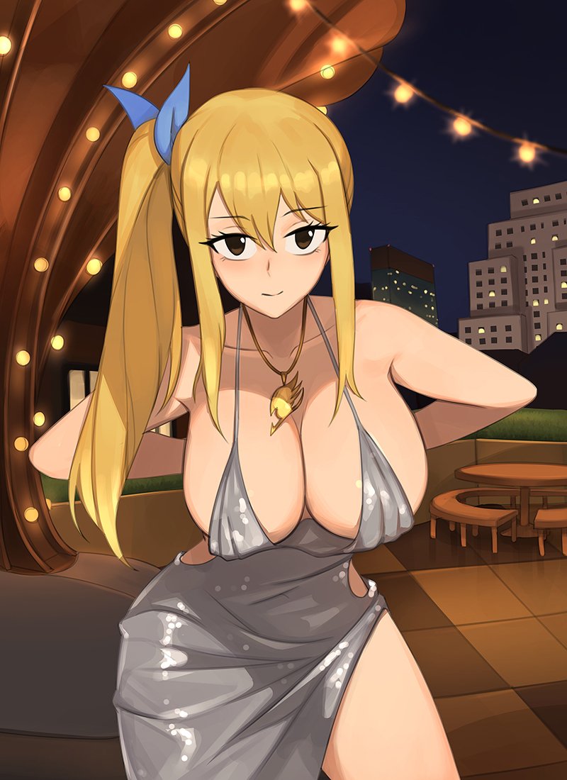 1girls, arms behind back, bare shoulders, barleyshake, big breasts, blonde hair, breasts, brown eyes, cleavage, clothed, clothing, dress, fairy tail, female, female only, large breasts, leaning forward, long hair, looking at viewer, lucy heartfilia, necklace, night, smile, solo, solo female, table, voluptuous