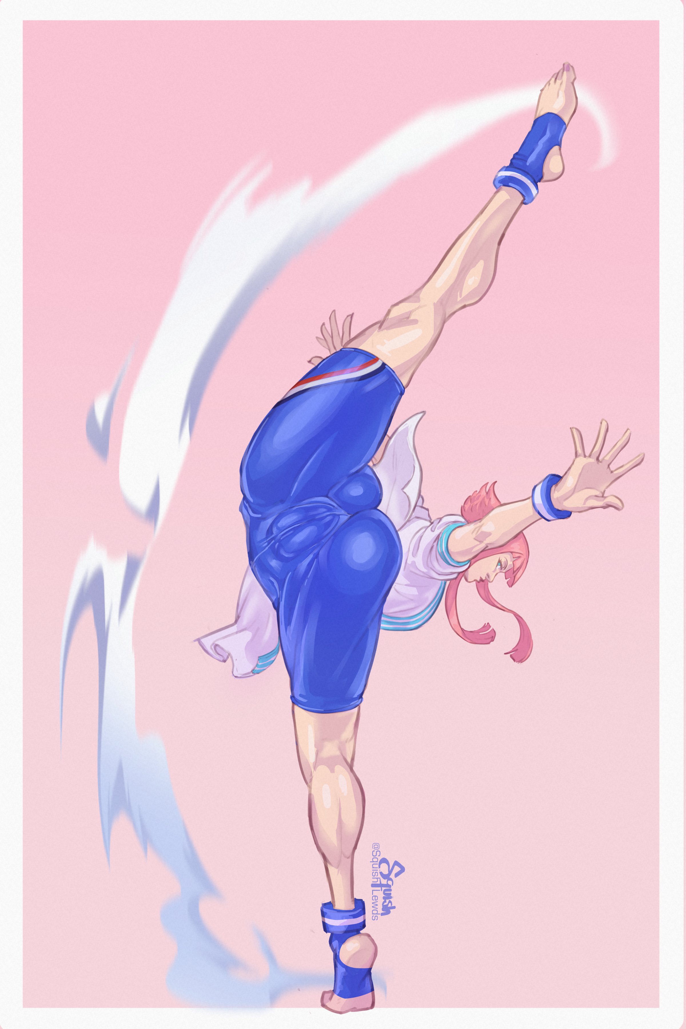 1girls, 2023, ass, cameltoe, capcom, female, female only, flexible, full body, looking at viewer, looking back, looking back at viewer, manon legrand, pink hair, pussy, rear view, solo, splits, sportswear, squishlewds, standing split, street fighter, street fighter 6, tight clothing, tiptoes, toeless footwear, very high resolution, wrist cuffs
