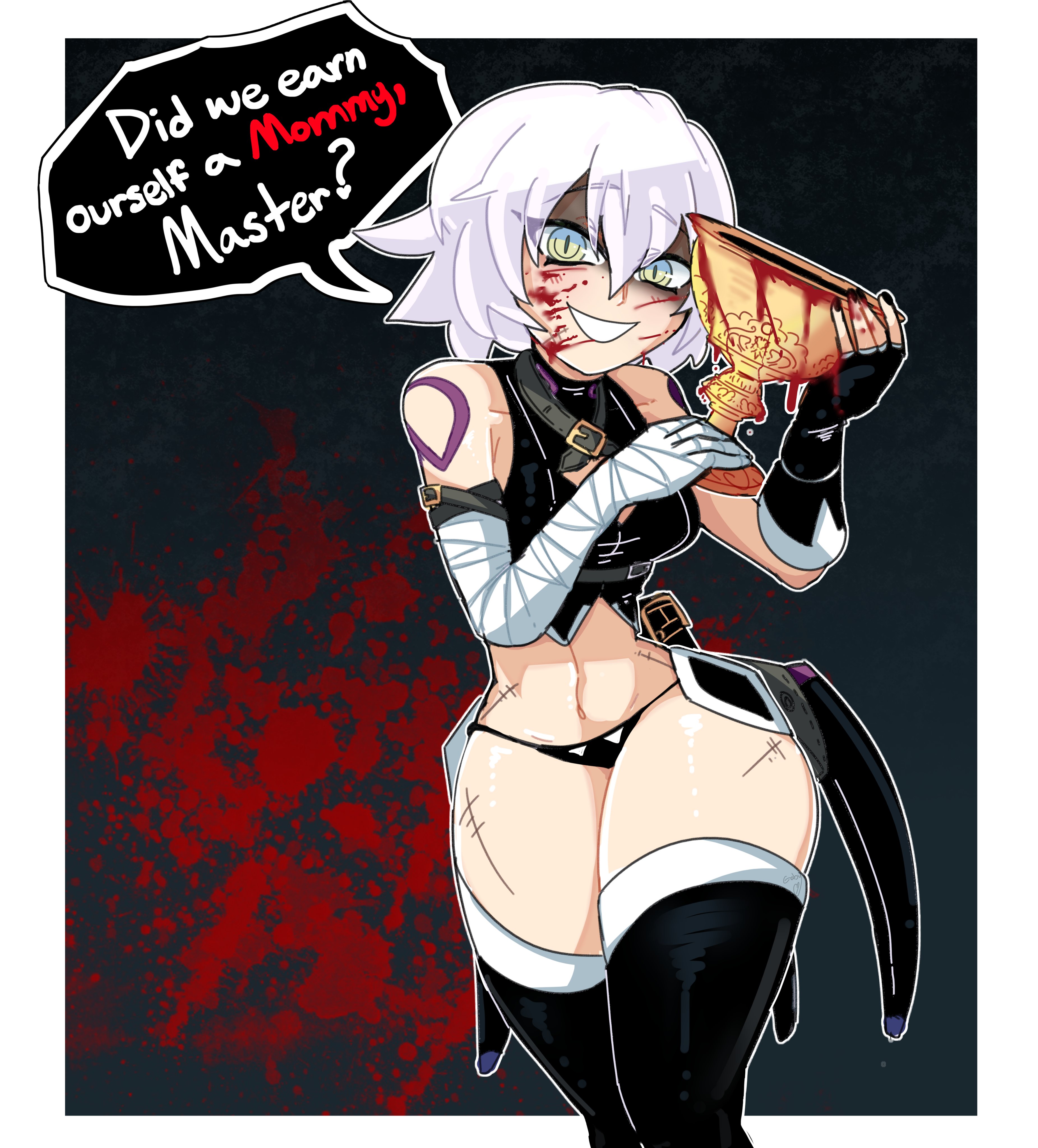 1girls, bandage, bandaged arm, bandages, blood, blood on face, blood stain, breasts, cropped jacket, english text, facial scar, fate (series), fate/apocrypha, fate/grand order, female, female only, fingerless gloves, gloves, green eyes, holy grail (fate), jack the ripper (fate/apocrypha), looking at viewer, rinnytanart, scar, short hair, small breasts, smile, solo, text, thick thighs, thighhighs, thighs, white hair, wide hips