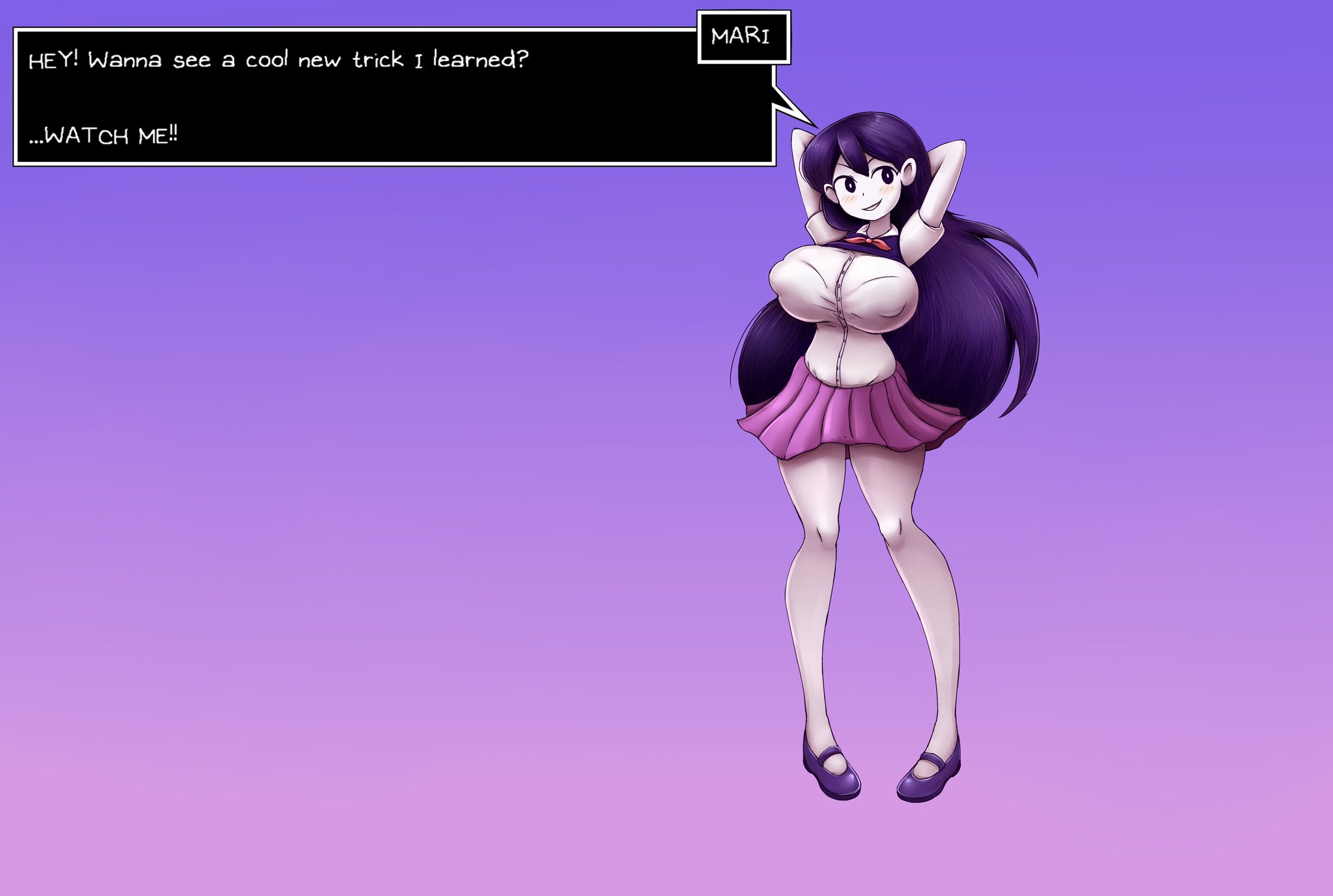 big breasts, blush, breast expansion, breast growth, breast growth (enlargement), breasts, english, english text, expansion, female, mari (omori), metachoke, mob face, omori, purple hair, text, text box, white skin