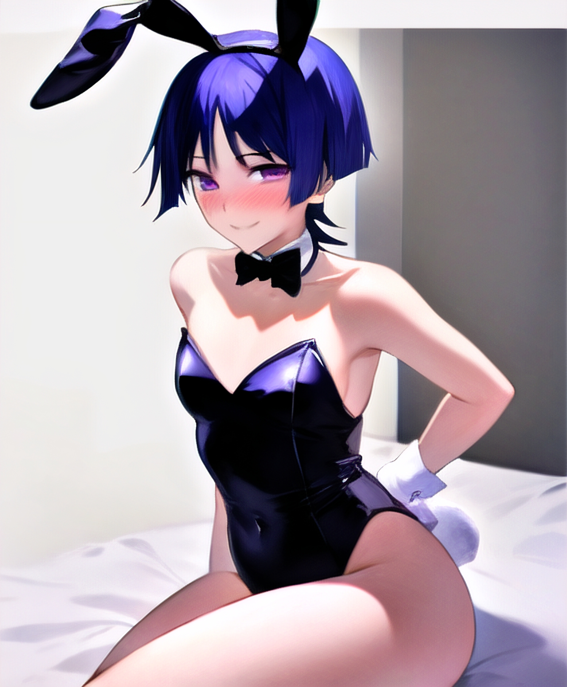ai generated, blush, bunny tail, curvy, female, femboy, feminine male, genshin impact, highres, looking at viewer, male, nai diffusion, otoko no ko, otokonoko, playboy bunny, purple eyes, purple hair, rabbit ears, scaramouche (genshin impact), sitting, stable diffusion, tagme, thick thighs, tomgirl, trap, wrist cuffs
