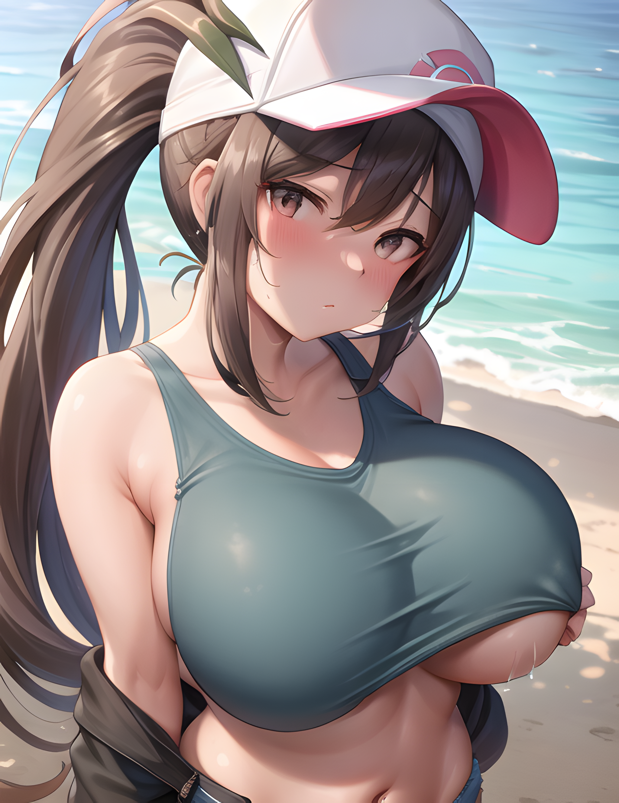 1girls, ai generated, alternate breast size, breasts, brown hair, cleavage, female, hilda (pokemon), huge breasts, large breasts, light skin, light-skinned female, long hair, long ponytail, nintendo, pokemon, pokemon bw, ponytail, slim waist, stable diffusion, thick thighs, wide hips