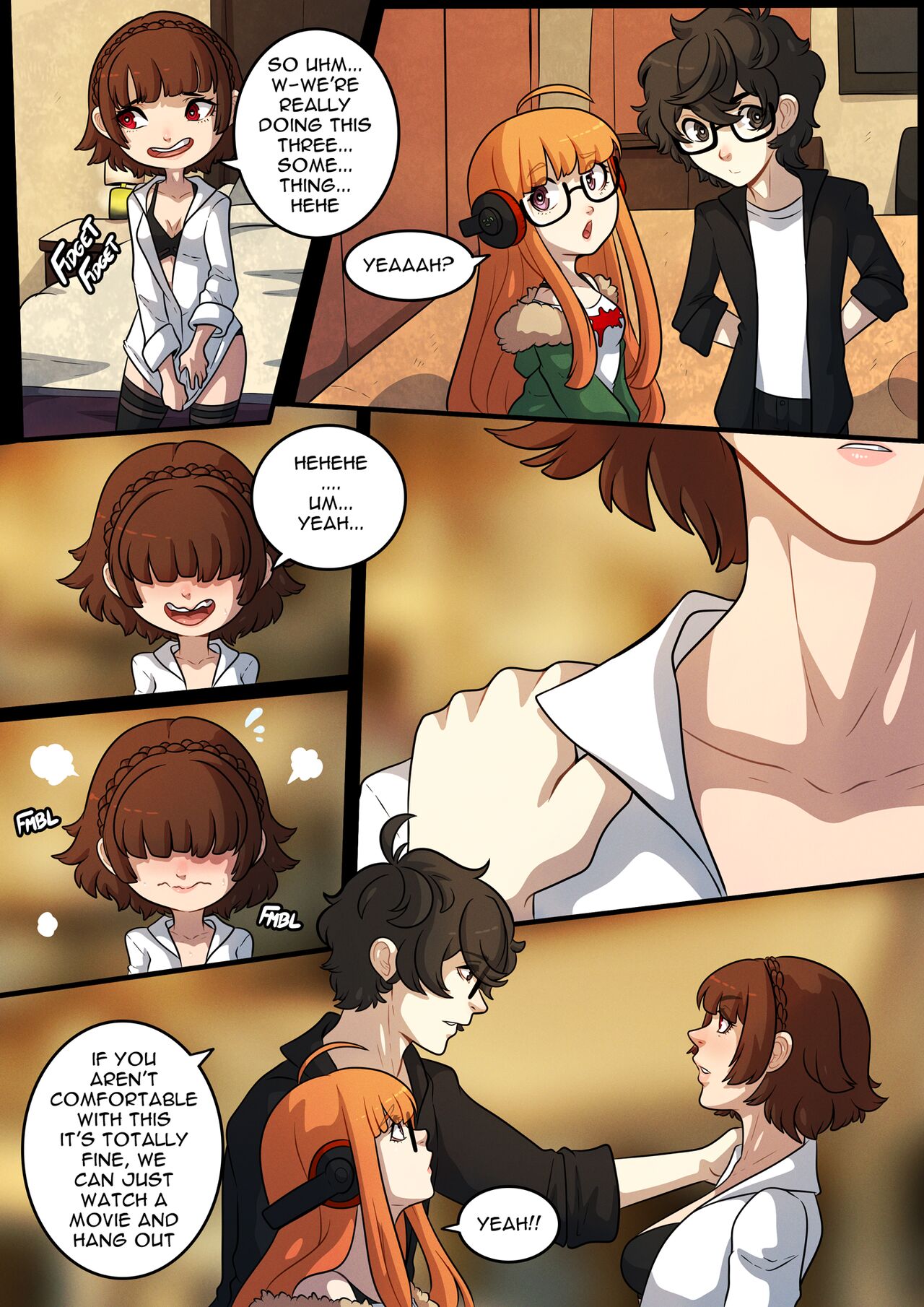 brown hair, comic, embarrassed, female, glasses, kinkymation, makoto niijima, orange hair, persona, persona 5, ren amamiya, sakura futaba, threesome, white shirt, yuri