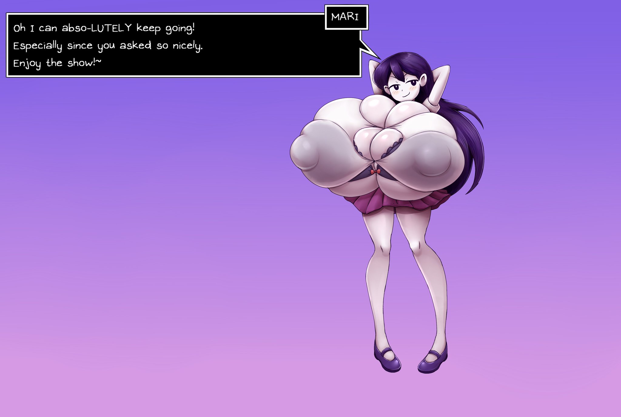 big breasts, blush, breast expansion, breast growth, breast growth (enlargement), breasts, breasts bigger than head, breasts bigger than torso, english, english text, expansion, female, huge breasts, mari (omori), metachoke, mob face, nipple bulge, omori, purple hair, tagme, text, text box, white skin