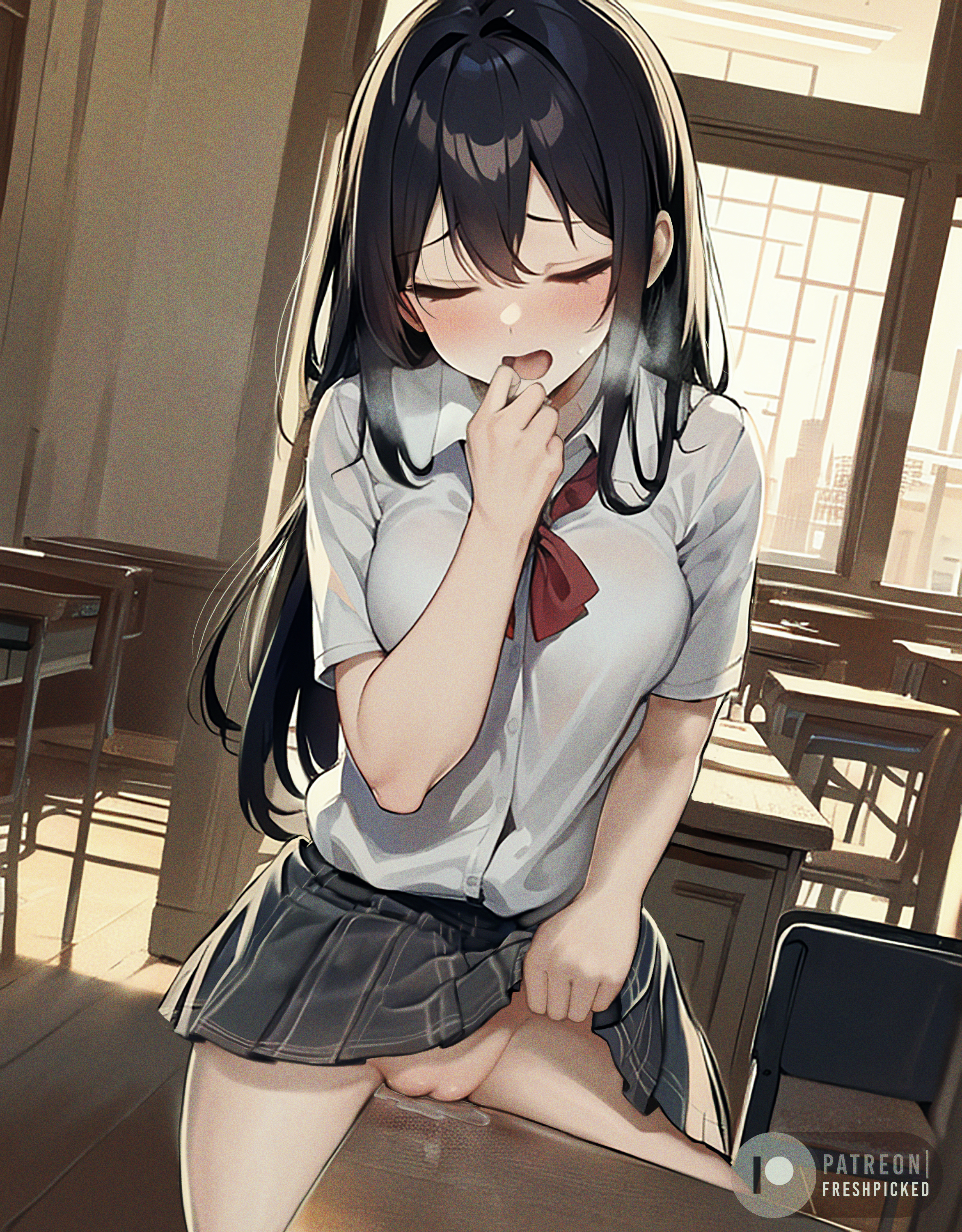 1girls, ai generated, black hair, closed eyes, corner masturbation, dress, female, human, long hair, masturbating with desk, masturbation, no panties, open mouth, orgasm, original, pussy, pussy juice, pussy juice drip, school, school uniform, schoolgirl, shy, skirt, skirt lift, solo, standing, table, teenager