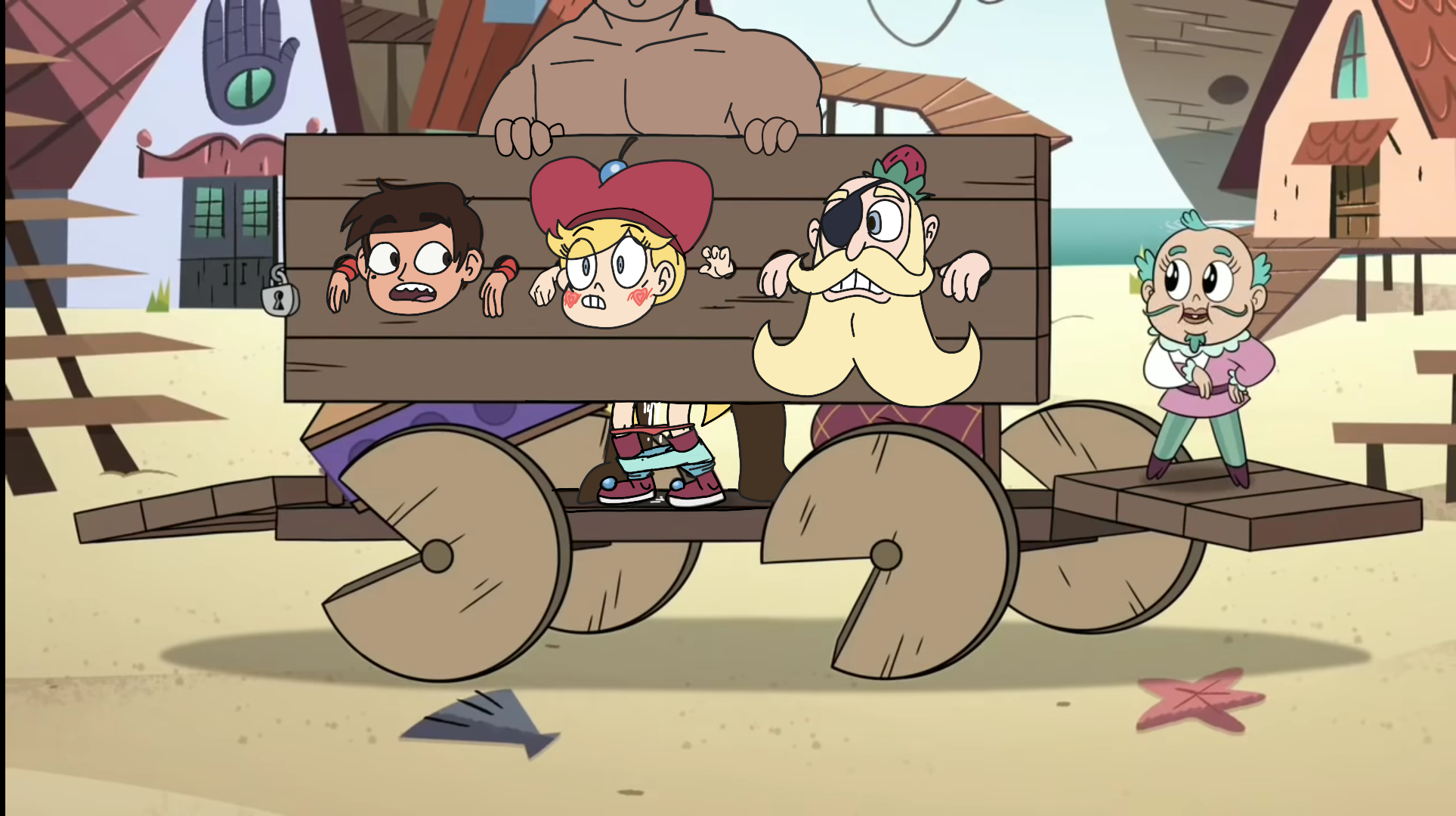 accurate art style, ambiguous penetration, bent over, captured, disney, disney channel, disney xd, female, from behind, implied sex, marco diaz, pillory, rape, river johansen, star butterfly, star vs the forces of evil, sunnie, white female