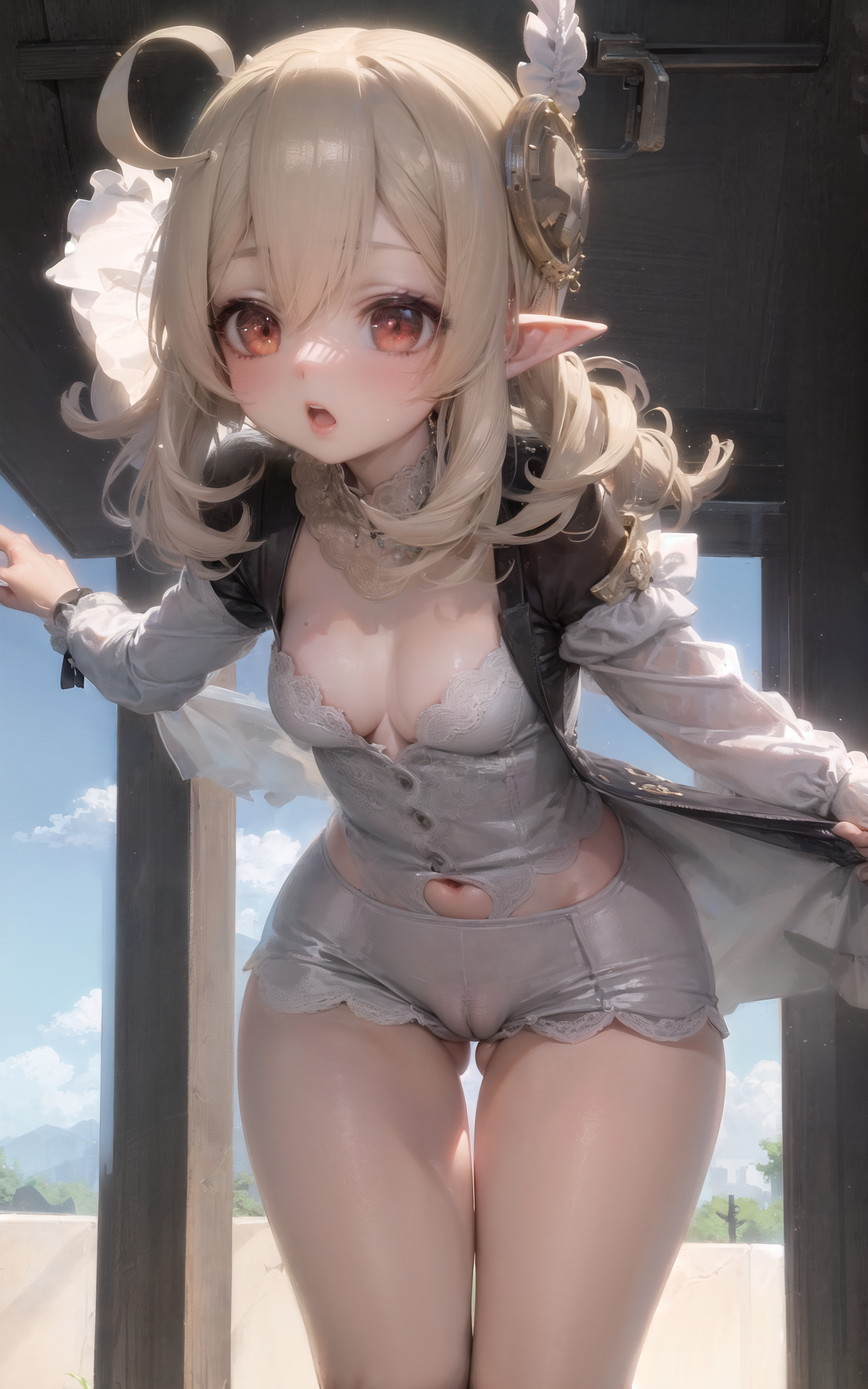 1girls, ai generated, blonde hair, breasts, cameltoe, clothing, elf, elf ears, female, genshin impact, klee (genshin impact), lace, light skin, light-skinned female, open mouth, pointy ears, pussy, red eyes, see-through, short hair, slim waist, solo, stable diffusion, thick thighs, thigh gap, wide hips