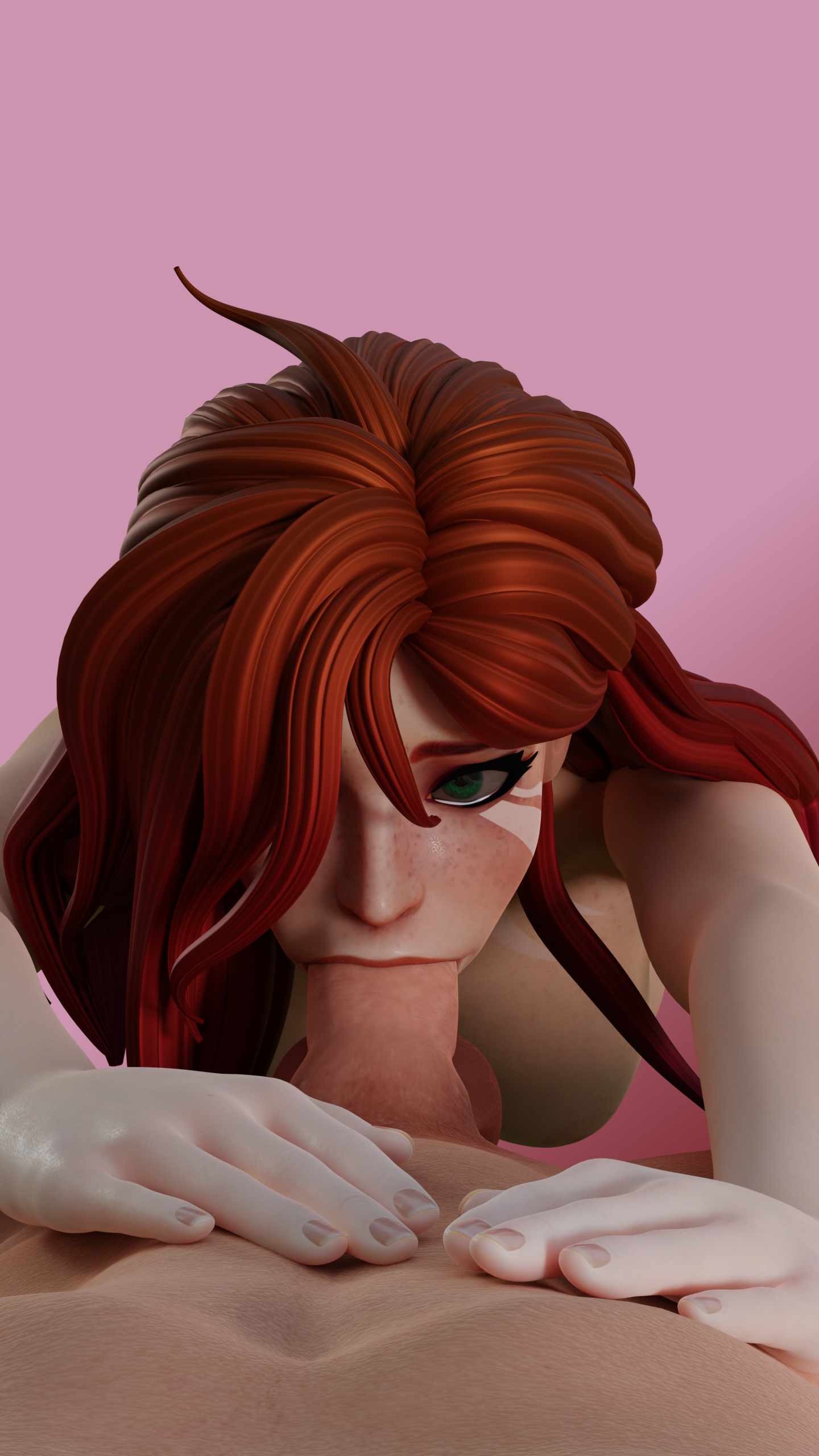 1boy, 1girls, 3d, artist request, blender, blowjob, deepthroat, desess3intes, dota 2, eye contact, fellatio, female, green eyes, light skin, light-skinned female, light-skinned male, looking at viewer, male, pov, pov eye contact, red hair, straight, sucking, windranger