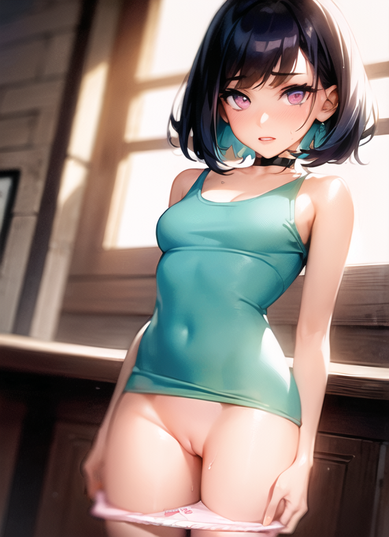 ai_generated black_hair bottomless choker closed_legs cowboy_shot dutch_angle hi_res pink_eyes pulled_panties pussy realistic short_hair small_breasts standing tank_top teal_hair two_tone_hair