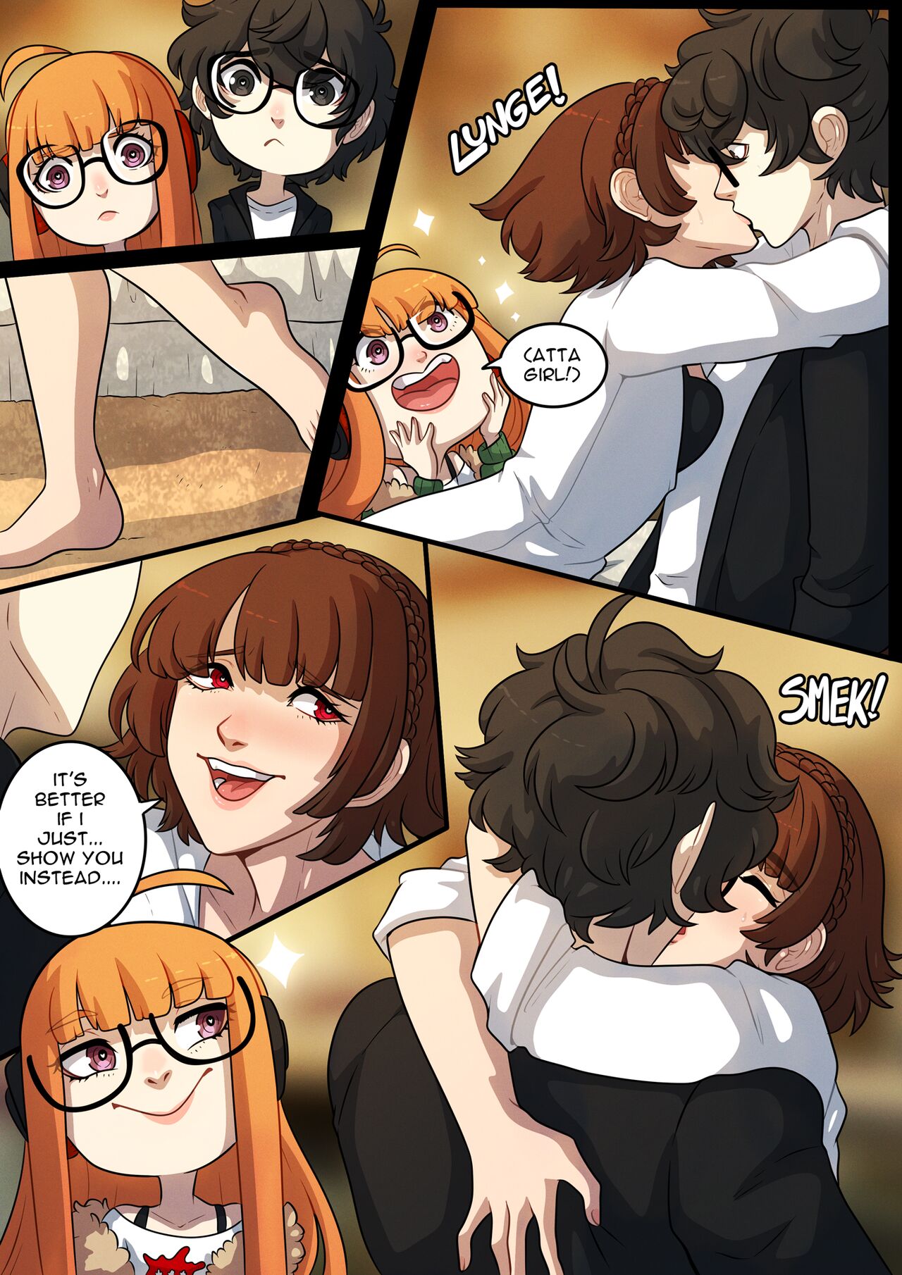 1boy, 2girls, assertive female, barefoot, black bra, brown hair, comic, female, glasses, horny female, hugging, imminent sex, imminent threesome, kinkymation, kiss, kissing, makoto niijima, orange hair, persona, persona 5, ren amamiya, sakura futaba, smile, threesome, white shirt, yuri