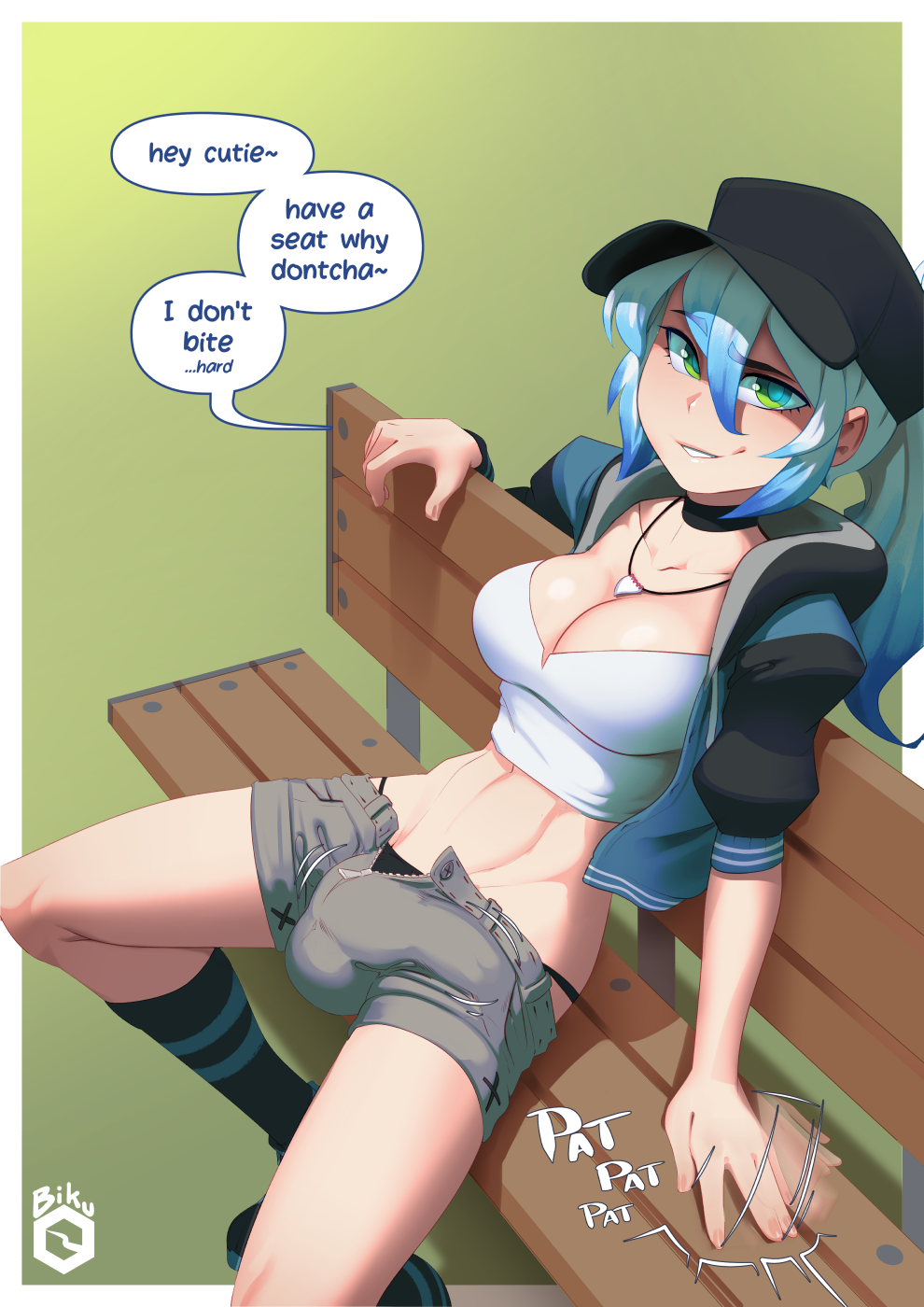 1futa aqua_hair big_penis bikupan black_panties blue_hair breasts bulge bulge_through_clothing cleavage clothed clothing dialogue english_text flaccid frosty_(sharky) fully_clothed futa_only futanari green_eyes hat human large_breasts light-skinned_futanari light_skin looking_at_viewer midriff naughty_face navel necklace original original_character park_bench penis penis_tuck ponytail pov shirt short_shorts shorts sitting smirk smug solo solo_futa speech_bubble spread_legs talking_to_viewer text thick_thighs thighs thong wide_hips