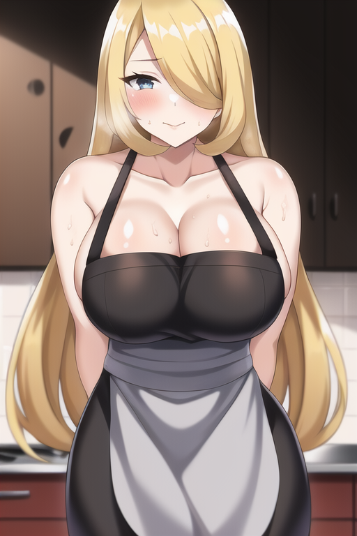 1girls, ai generated, apron, apron only, blonde hair, breasts, cleavage, cynthia (pokemon), female, hair over one eye, huge breasts, indoors, large breasts, light skin, light-skinned female, long hair, nai diffusion, naked apron, nintendo, pokemon, pokemon dppt, smile, stable diffusion, thick thighs