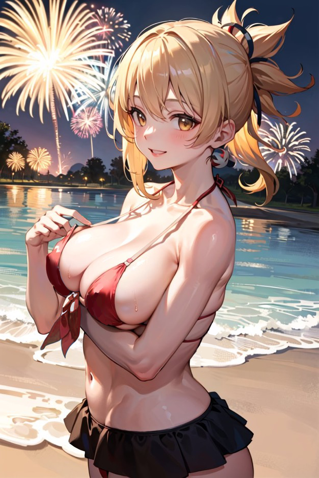 1girls ai_generated ass background_sky bangs beach beach_background big_breasts bikini bikini_skirt bikini_top black_bikini_bottom blush curvaceous curvy curvy_body curvy_female curvy_figure festival festive firework fireworks genshin_impact high_resolution highres holding_breast inviting lantern looking_at_viewer mihoyo nipple_bulge nipples ponytail red_bikini_top reflective_water seductive_look shiny_skin short_hair shoulders side_view skirt smile smiling smiling_at_viewer stable_diffusion sunset tree trees yellow_eyes yellow_hair yoimiya_(genshin_impact)