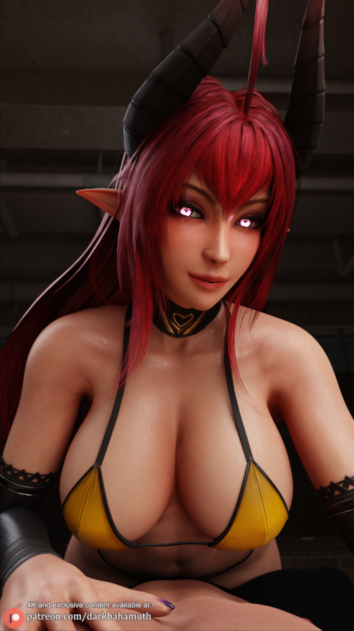 1boy, 1girls, 3d, big breasts, bikini, breasts, cowgirl position, darkbahamuth, demon, demon girl, female, glowing eyes, horn, horns, male, original character, sinia, succubus, succubus horns