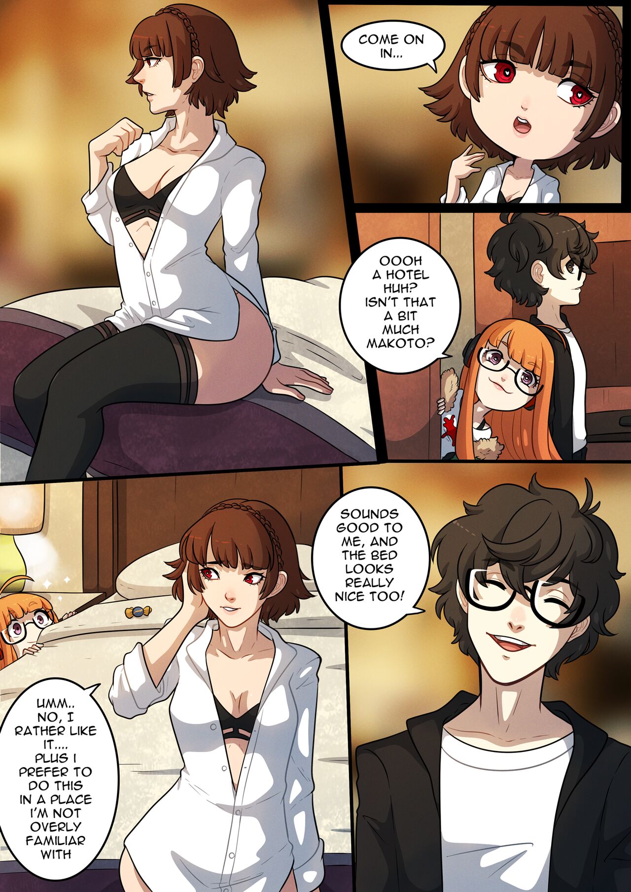 akira kurusu, black bra, brown hair, comic, female, glasses, joker (persona), kinkymation, makoto niijima, open clothes, orange hair, persona, persona 5, red eyes, ren amamiya, sakura futaba, threesome, white shirt, yuri
