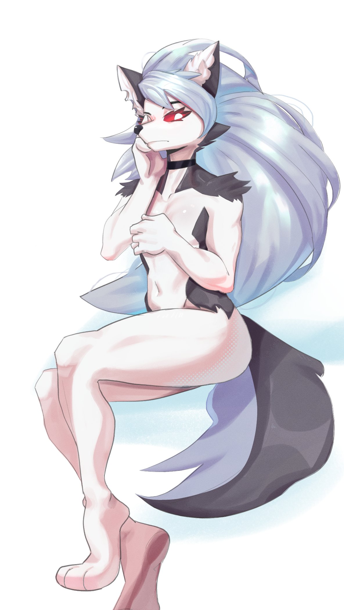 anthro breasts canid canine canis collar covering covering_breasts female helluva_boss hi_res loona_(helluva_boss) mammal miscuitsxd nude red_eyes sitting wolf