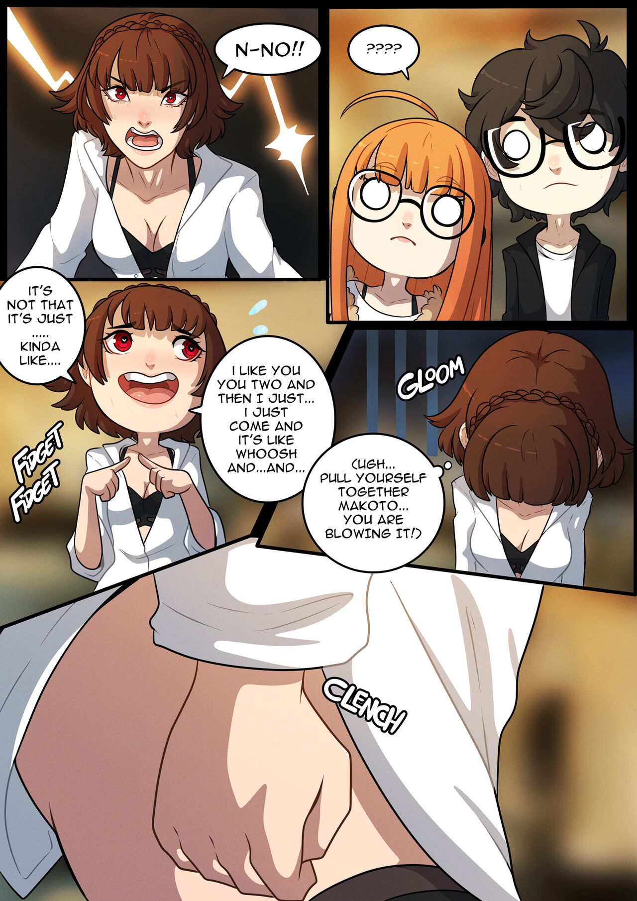 black bra, blush, comic, embarrassed, female, kinkymation, makoto niijima, nervous, nervous smile, persona, persona 5, red eyes, ren amamiya, sakura futaba, thighs, threesome, white shirt, yuri
