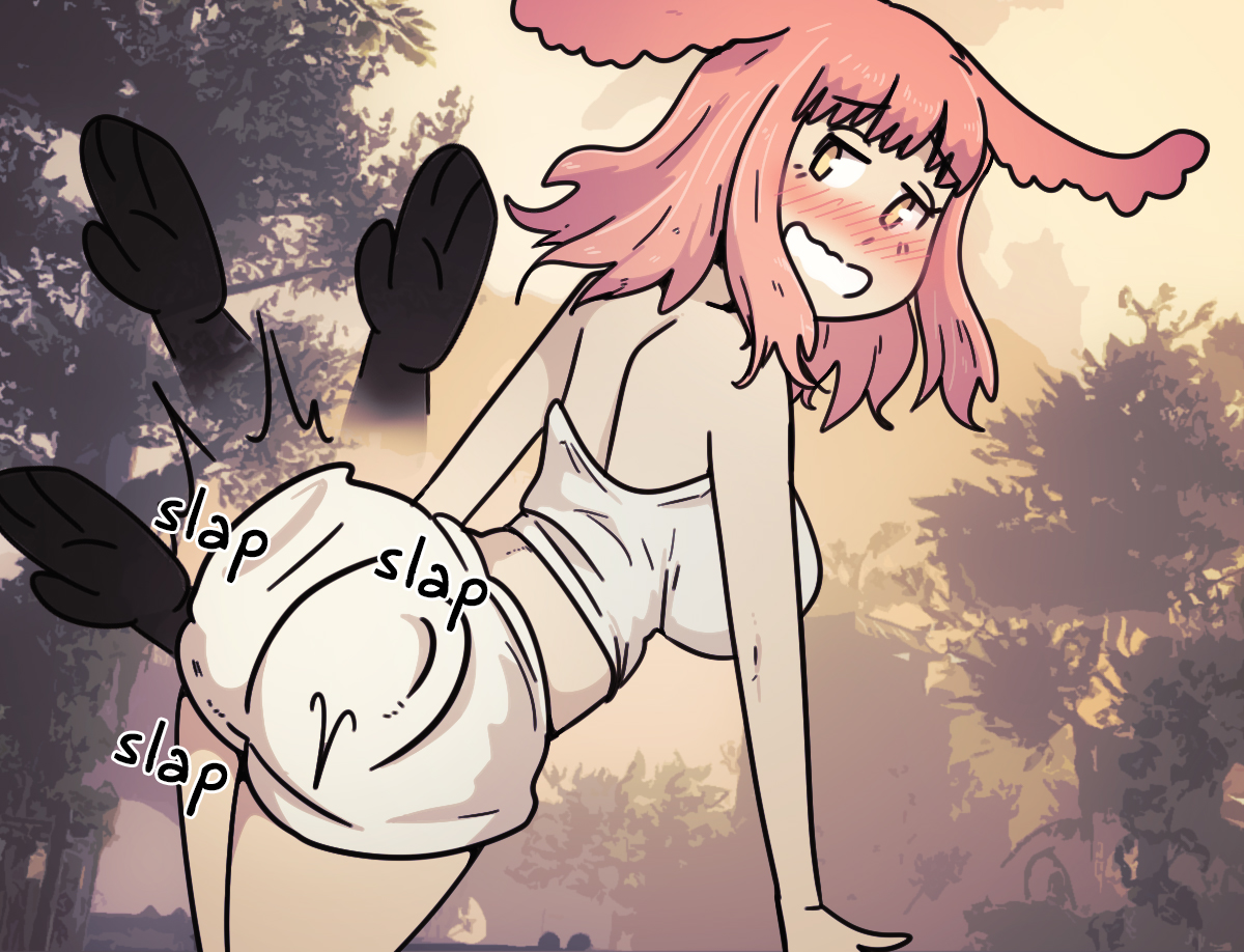 1girls, ass, ass press, blush, bunny ears, bunny girl, detailed background, disembodied hand, disembodied hands, female, female only, hasselnut, heavy blush, medium hair, narrowed eyes, original, pink hair, pleasure face, slapping butt, smile, sunny (wolfgang bang), teeth clenched, wavy mouth, wolfgang bang, yellow eyes