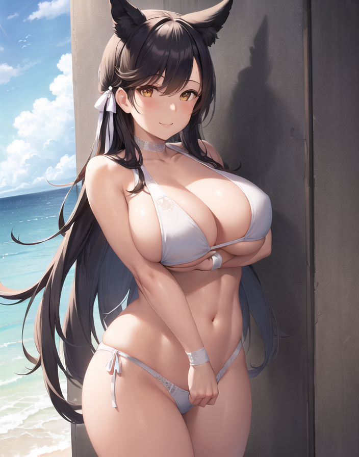 1girls, 2023, ai generated, animal ears, atago (azur lane), azur lane, bikini, black hair, curvaceous, curvy body, curvy female, curvy figure, female, female focus, female only, high resolution, highres, light skin, light-skinned female, long hair, seductive look, solo, voluptuous