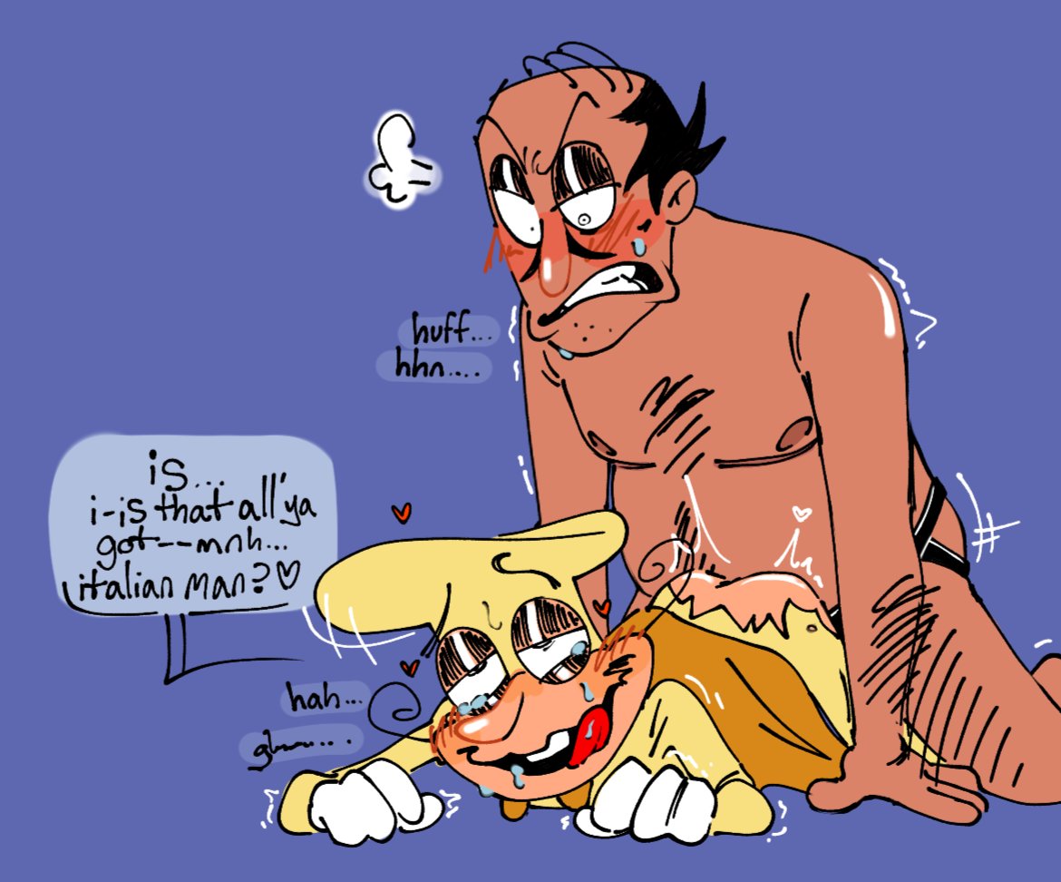 2boys anal_sex blush bodysuit costume crying_with_eyes_open dialogue doggy_style english_text fat_man from_behind hate_sex mastectomy_scar pegging penetration peppino_spaghetti pizza_tower size_difference strap-on sweat teasing the_noise torn_bodysuit torn_clothes witheringcircus_(artist)