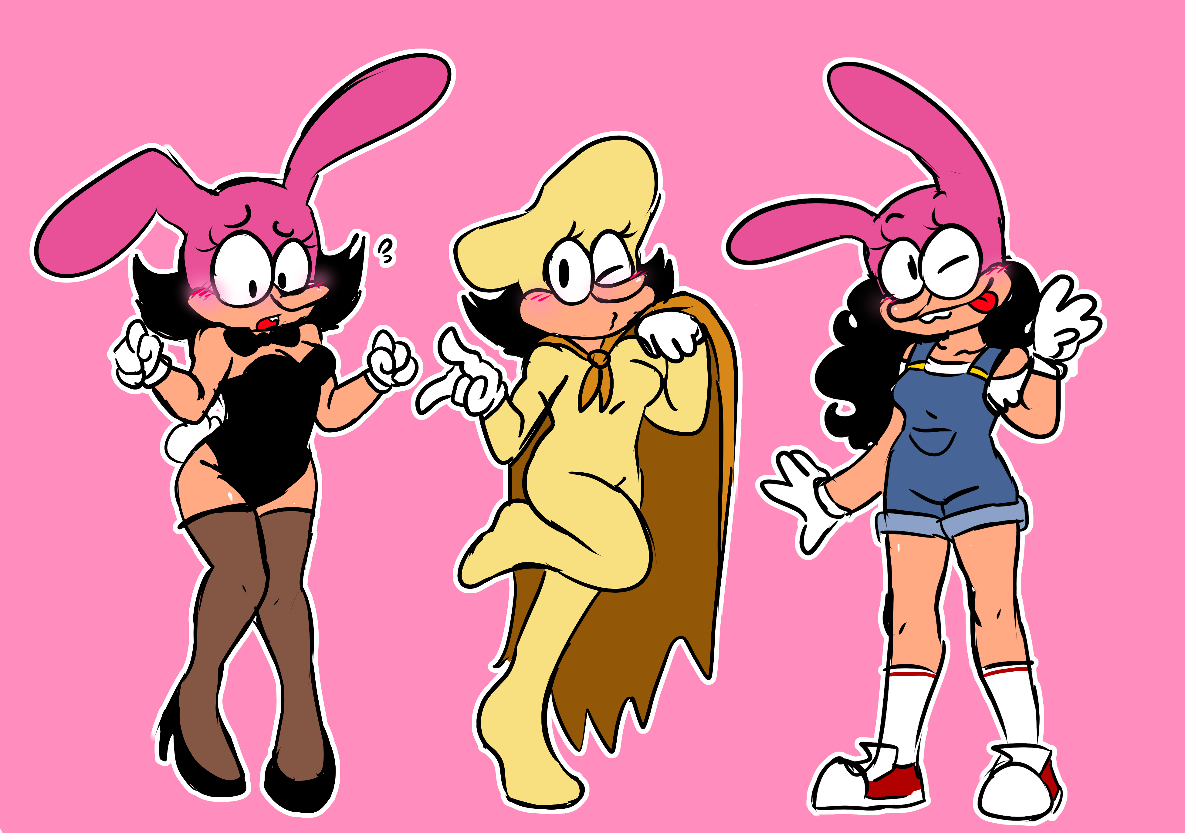 1girls, black hair, bodysuit, bowtie, bunny mask, bunnysuit, cape, costume, female, gloves, heels, leotard, lofiorsomethin, long hair, noisette (pizza tower), overalls, pizza tower, posing, shoes, short hair, thighhighs, tongue, tongue out, wink