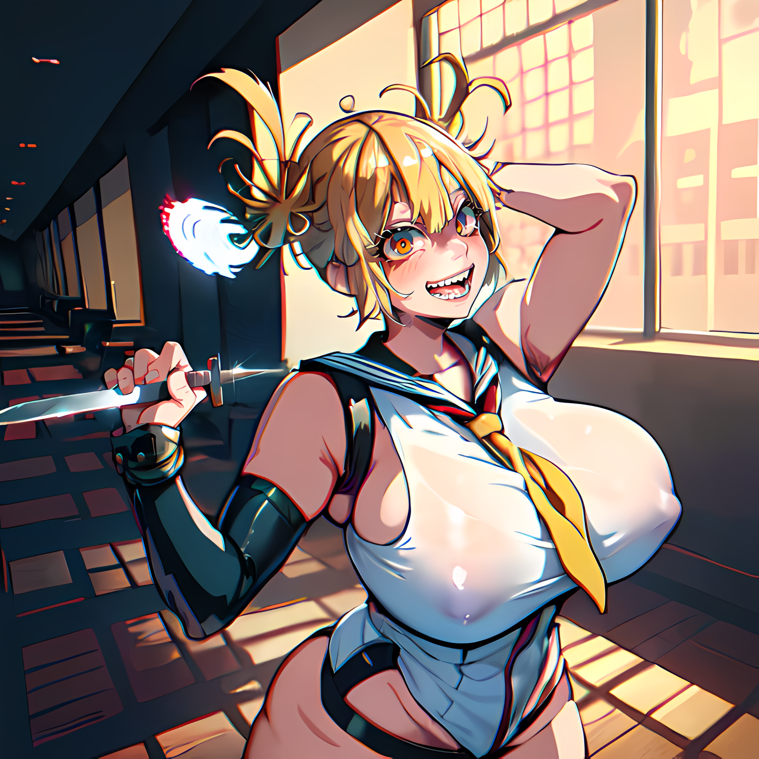 1girls, ai generated, ass, big areola, big ass, big breasts, big butt, big nipples, blonde hair, breasts, crazy eyes, crazy smile, female, hi res, highres, himiko toga, hpeq, huge ass, huge breasts, huge butt, human, knife, looking at viewer, my hero academia, see-through, see-through clothing, solo, stable diffusion, thick ass, thick thighs, voluptuous, voluptuous female