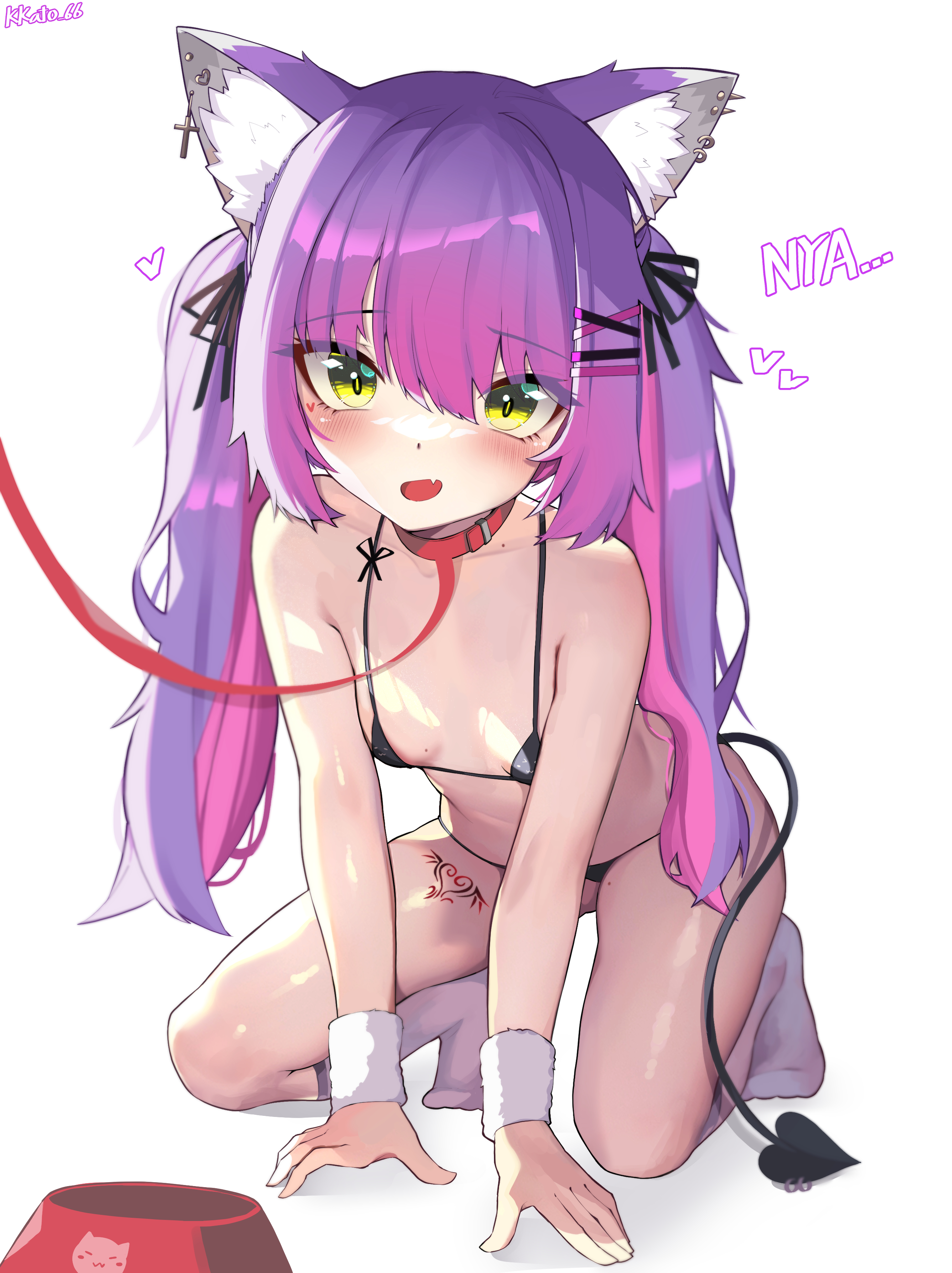 1girls, all fours, bikini, black bikini, black swimsuit, bondage, breasts, cat ears, collar, earrings, female, holoforce, hololive, hololive japan, kkato, leash, long hair, looking at viewer, mole, mole on breast, mole on neck, mole on thigh, pet bowl, pet play, petplay, purple hair, small breasts, socks, swimsuit, tail, tokoyami towa, viewer holding leash, virtual youtuber, yellow eyes
