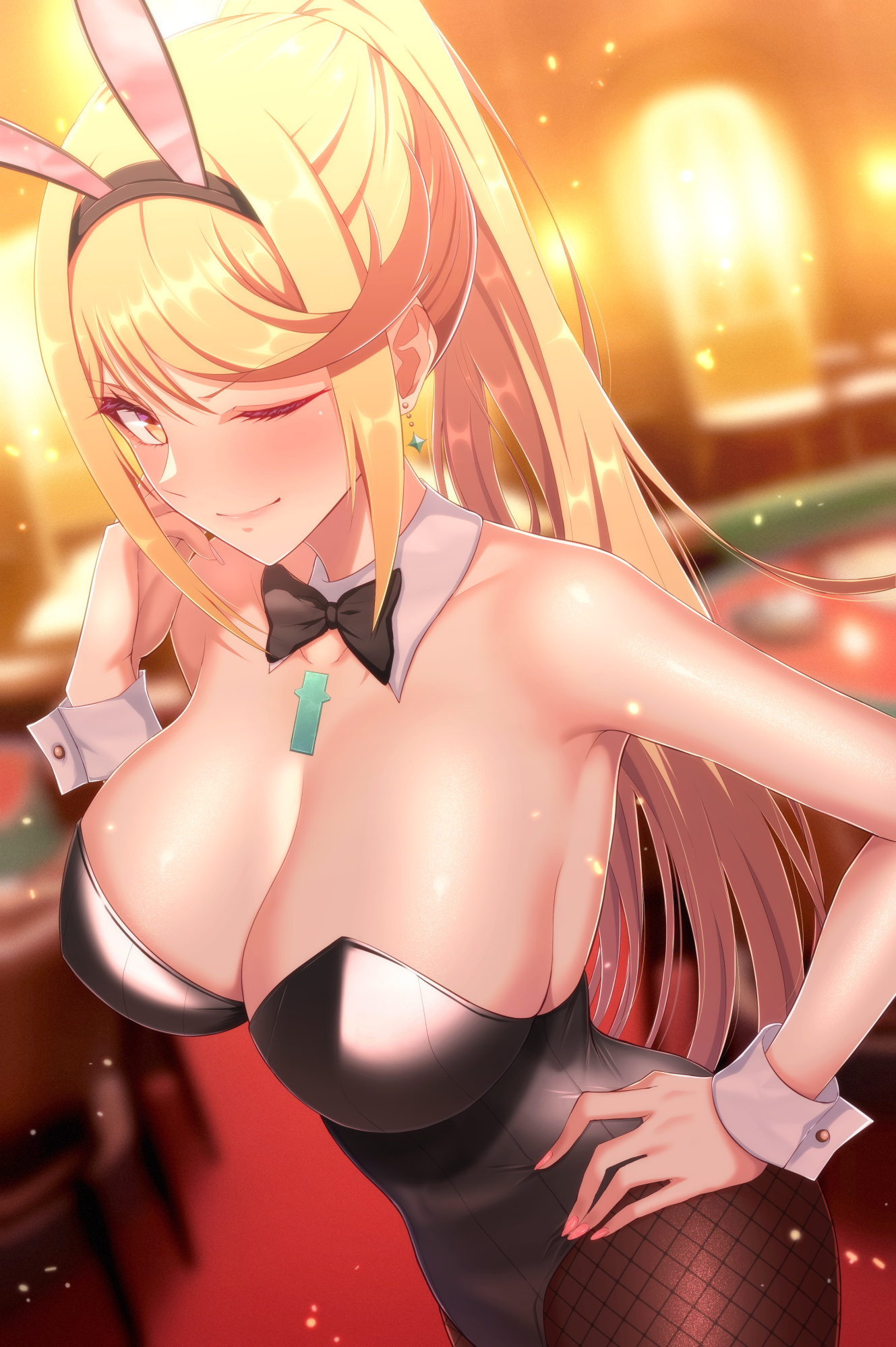 1girls, black leotard, blonde hair, bowtie, breasts, bunny ears, bunnysuit, casino, casino table, core crystal, cuff links, detached collar, earrings, fake animal ears, female, fishnet pantyhose, fishnets, hand on hip, large breasts, latex, leotard, looking at viewer, mebi il, mythra, nintendo, pantyhose, playboy bunny, ponytail, strapless, strapless leotard, winking, winking at viewer, xenoblade (series), xenoblade chronicles 2, yellow eyes